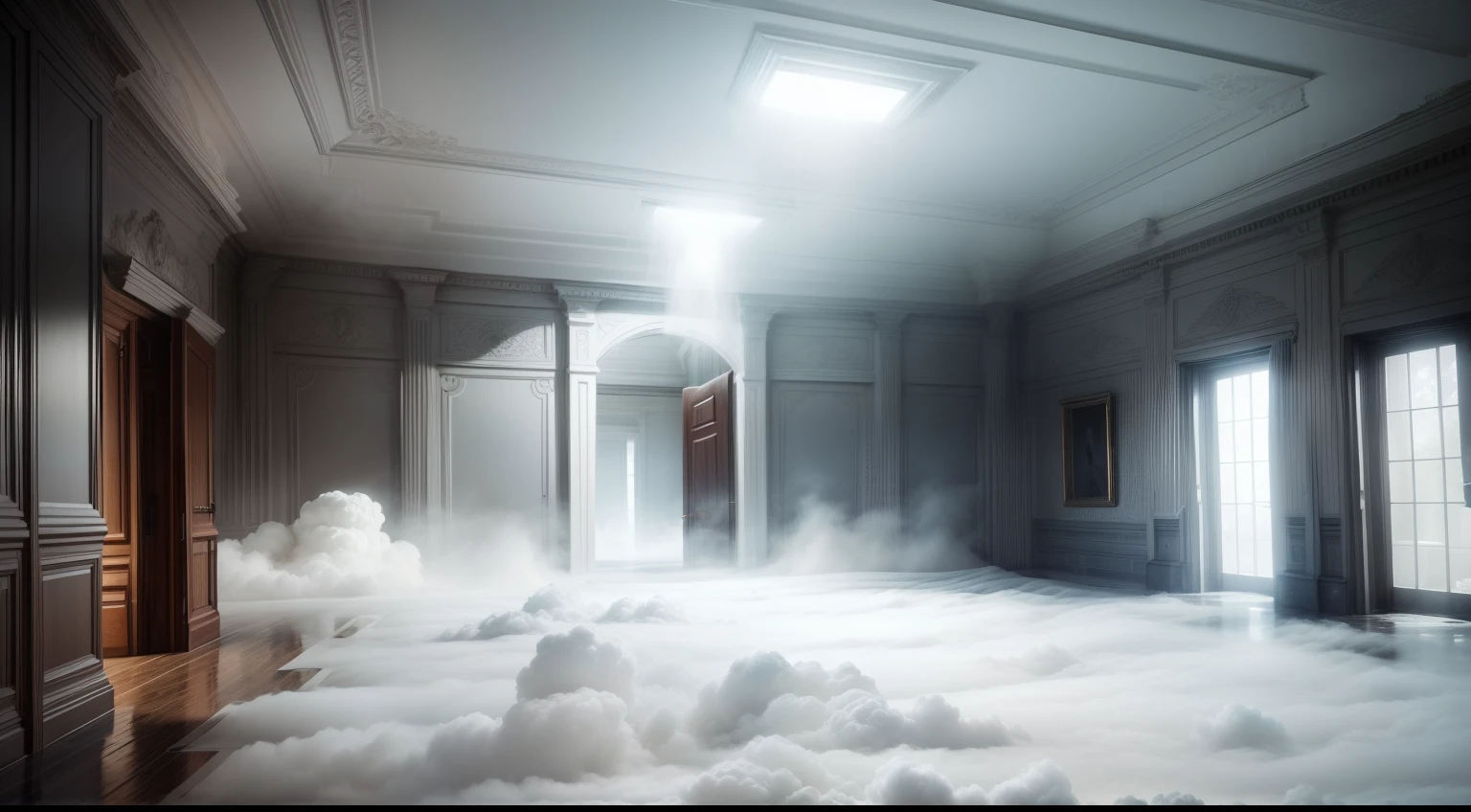 White clouds drifted around the room，Float one after the other，White fog，A waist-deep white mist