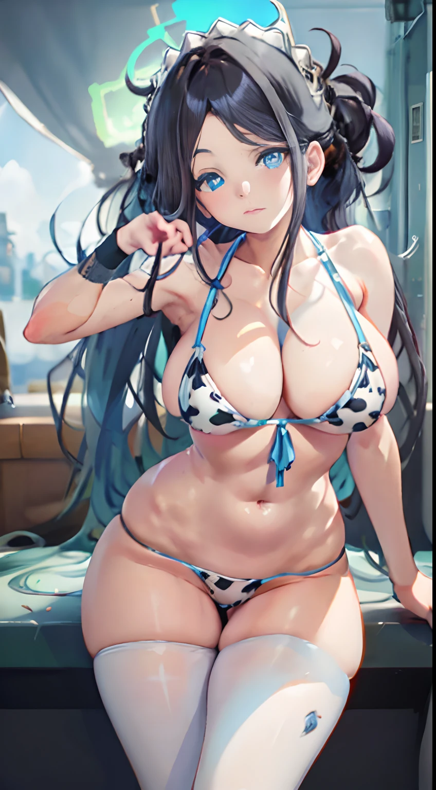 Cheers Saki | Blue Archives, Iwhole Body, (NSTDA.:1.2), (10, beste-Qualit, master-piece: 1.4), ultra-high resolution, (Realistic, photorealistic portrait: 1.48), 25-year-old girl , ( Micro Beetle View - Bikini Pass:1.11),Cow's milk bikini print, Famous Japanese celebrities, enormous breasts, Blue Eyes, Head Tilted, cowboy shot, View from above, looking at the audience, expressionless, Beautiful Sea Zeiss f 150mm/ 2.8 Hasselblad, Whole body, foot , Ultra-Wide Angle