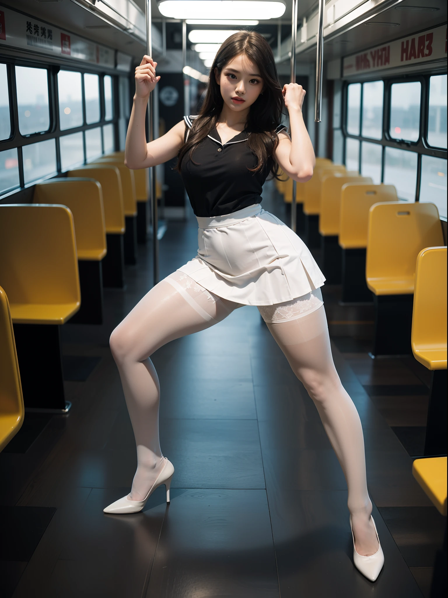 (full body:1.5),((girl):1.4),(view the viewer:1.4),(anatomy correct:1.3),(martial art pose on a bus:1.2),((colorful), (A brown Sailor suit and checkered high waisted pleated skirt )):1.2),(((thick white Pantyhose)):1.32),(black girl pointed thick heels :1.1),,(Accurate and perfect face:1.3),hyper HD, Ray traching, reflective light, structurally correct, Award-Awarded, high detail, lighten shade contrast, Face lighting ,cinematic lighting, masterpiece, super detailing, high quality, high detail, best quality, 16k,High contrast,