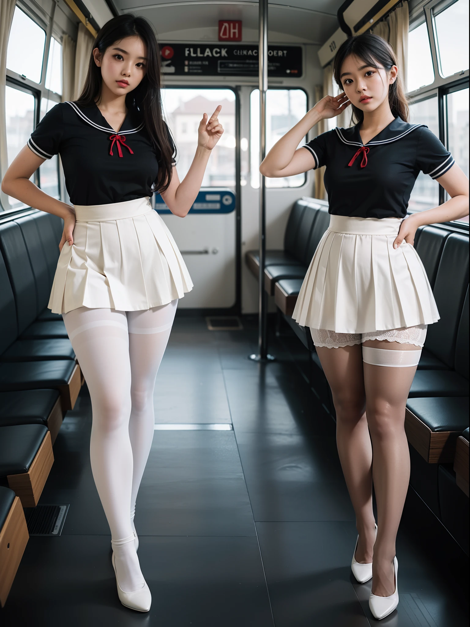 (full body:1.5),((girl):1.4),(view the viewer:1.4),(??????? correct:1.3),(martial art pose on a bus:1.2),((colorful), (A brown Sailor suit and checkered high waisted pleated skirt )):1.2),(((thick white Pantyhose)):1.32),(black girl pointed thick heels :1.1),,(Accurate and perfect face:1.3),hyper HD, Ray traching, reflective light, structurally correct, Award-Awarded, high detail, lighten shade contrast, Face lighting ,cinematic lighting, masterpiece, super detailing, high quality, high detail, best quality, 16k,High contrast,