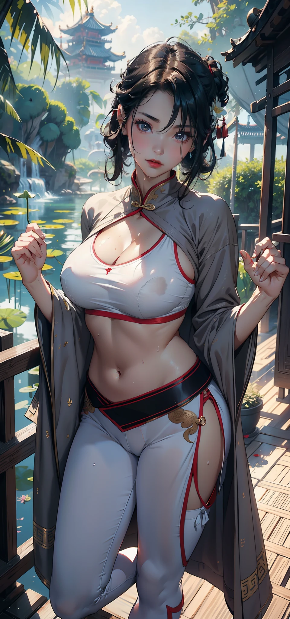 1female,35yo,熟妇,long leges,Big breasts Thin waist,Slim,huge-breasted ,Pornographic exposure, 独奏,(Background with:bamboo forrest,lotuses,lotus flower,exteriors,Lotus pond) She has short black hair,standing on your feet,Sweat profusely,drenched all over the body,seen from the front, hair straight, mostly cloudy sky,(((tmasterpiece),(Very detailed CG unity 8K wallpaper),best qualtiy,cinmatic lighting,detailed back ground,beatiful detailed eyes,Bright pupils,Black eyes,Redlip(Very fine and beautiful),(Beautiful and detailed eye description),ultra - detailed,tmasterpiece,)),facing at camera,A high resolution,ultra - detailed),revealing breasts,Bare genitalia, Bulge,legs are open,Raised sexy,Camel toes,Flushed complexion,Open-mouthed,frontage,high school senior,(Wearing:Chinese Ancient Times,Sailor uniform,white leggings,athletic sneakers,Bare breasts,)Full body photo,Show shoes