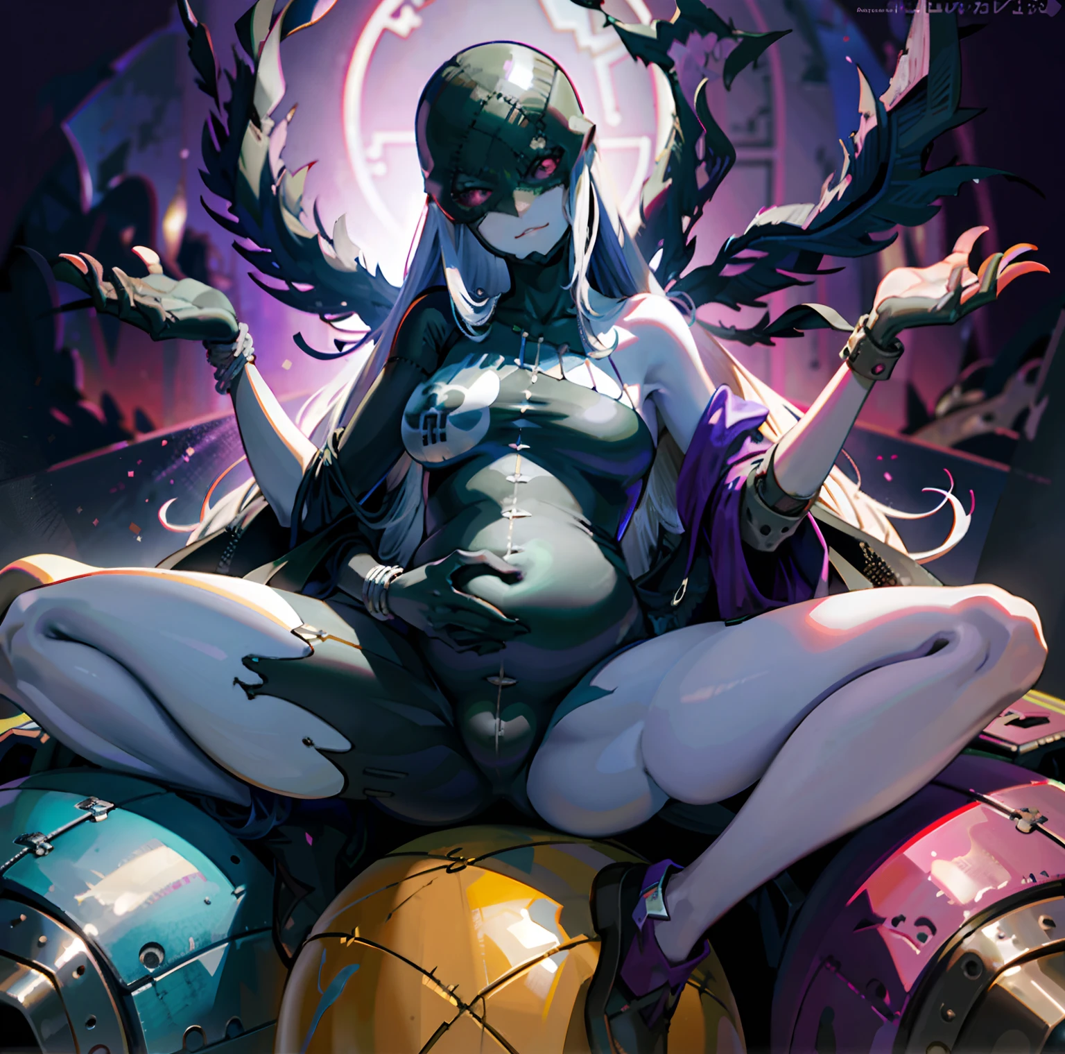 Female Devil King, Purple skin, Solo, 1girll, Best quality, Masterpiece,, figma, [Realistic], [。.。.。.。.。.。.。.。.。.。.。.。.。.。.3D], (。.。.。.。.。.。.。.。.。.。.。.。.。.3DCG), ((rendering by octane)),Pregnant women with，Casual pose，scantily clad，squatt，Spread your legs apart，potbelly，tentaculata