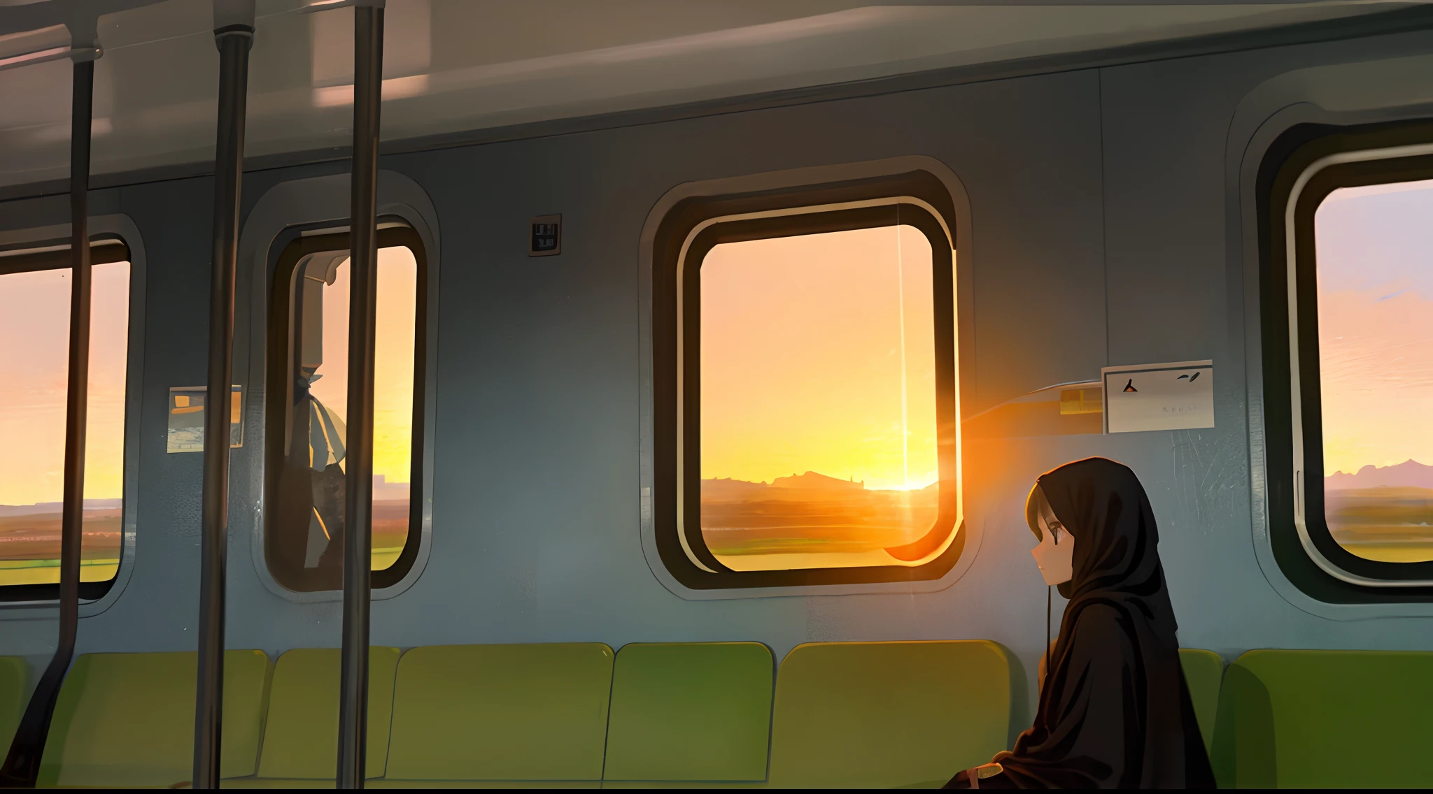Highest image quality,Sunset,Girl looking out the window inside the train car,The eyes are slightly confused,Outside the window is an endless plain and farmland,The painting style is realistic,Arab girl with a beautiful figure。