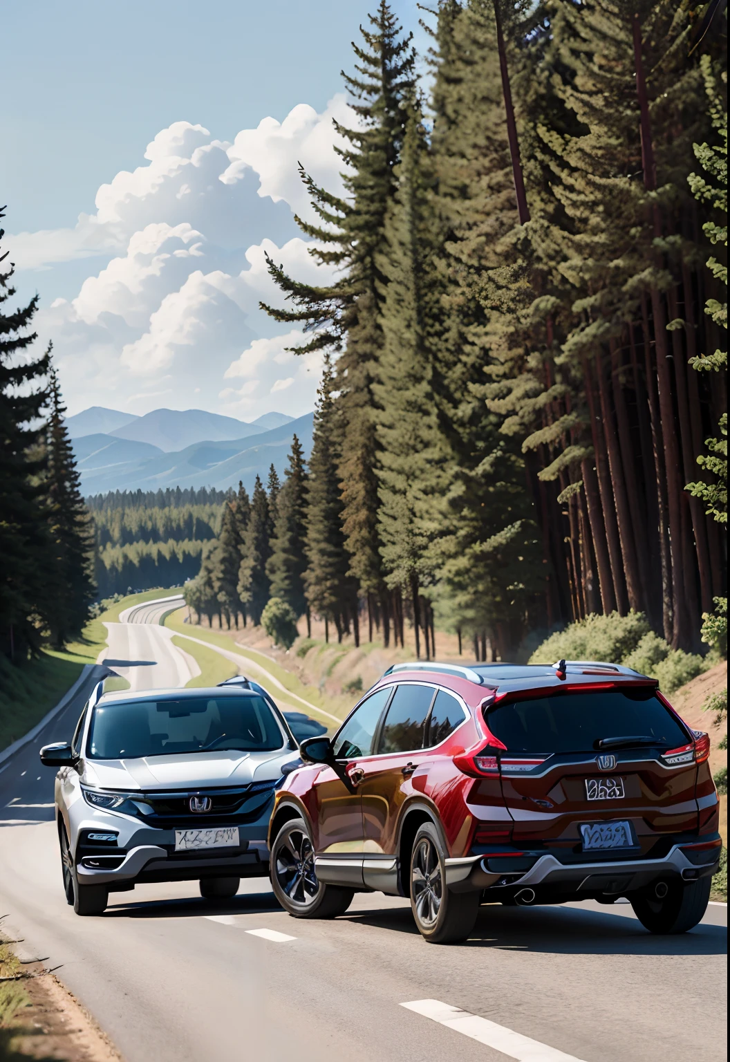 Honda's 2019 CRV spers on a country road,cartoonish style