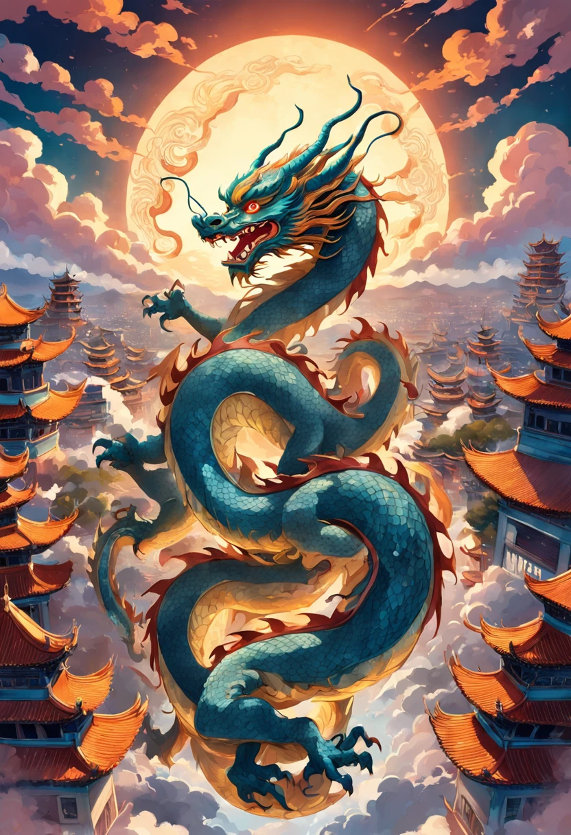 Chinese dragon on Chang'an City, Art Nouveau style illustration, Detailed sky, chinapunk, Explanatory narrative, solarizing master, quito school, Visual poetry