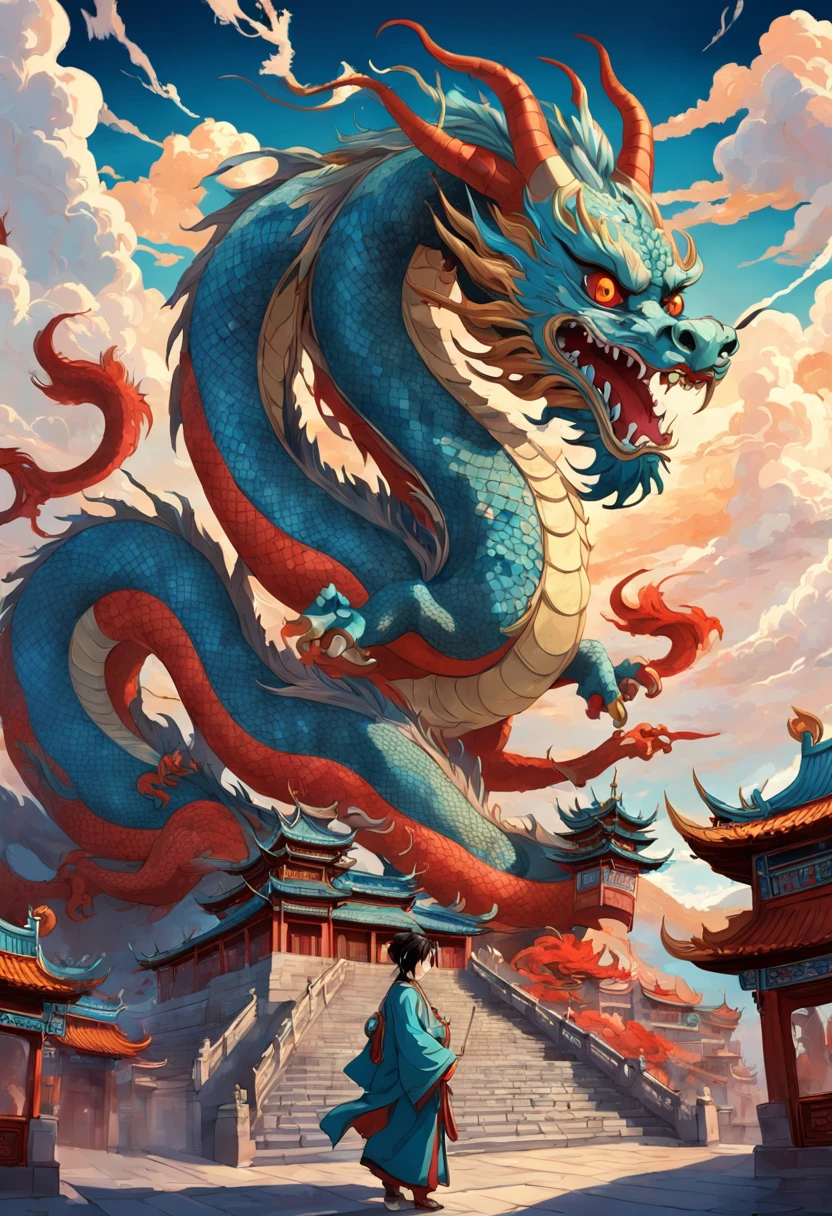 Chinese dragon on Chang'an City, Art Nouveau style illustration, Detailed sky, chinapunk, Explanatory narrative, solarizing master, quito school, Visual poetry