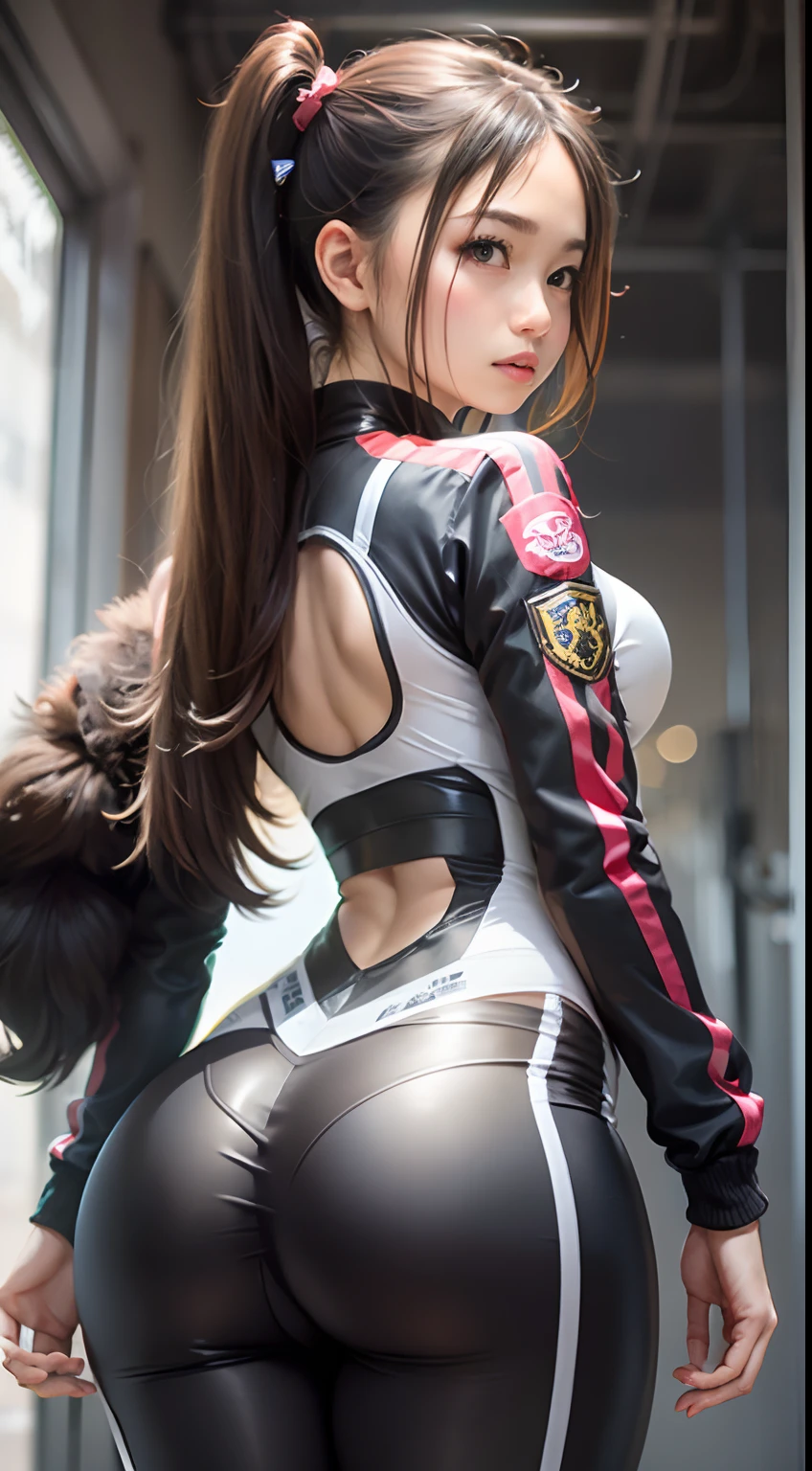 Racing Wear,城市,(Inspired by the Avengers),pony tails,One-piece unisex trousers,machine girl,Security level,Oversized ass,(8K,photo RAW,Fotorrealista:1,25),(Excessive lip gloss,Very many eyelashes,best qualityer,超高分辨率,depth of fields,color difference,Wide light,natural color,Distant pictures(1:2)