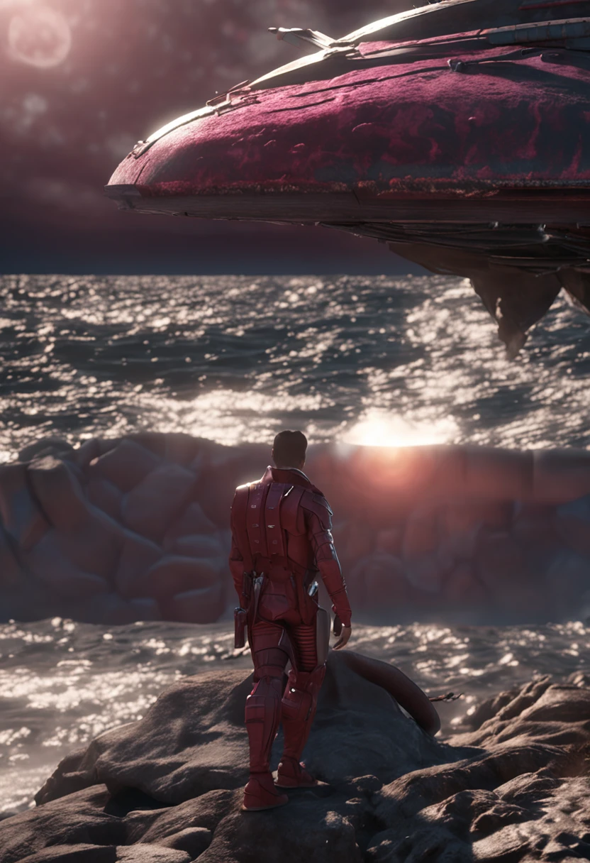 Brad Pitt, scary, Classic , Glam Rock, side view, Zbrush rendering, High contrast, gameart, maroon colors, sci-fi, back lighting, Ultra-realistic, highly detailed, natural lighting, ocean environment, Unity engine, 8k