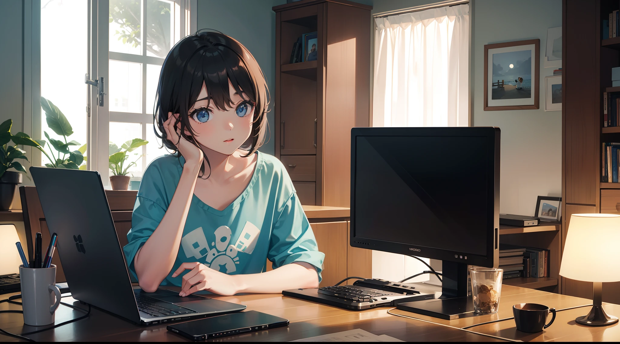 At home at night,Girl looking at the photo of laptop happily,A boy stood by