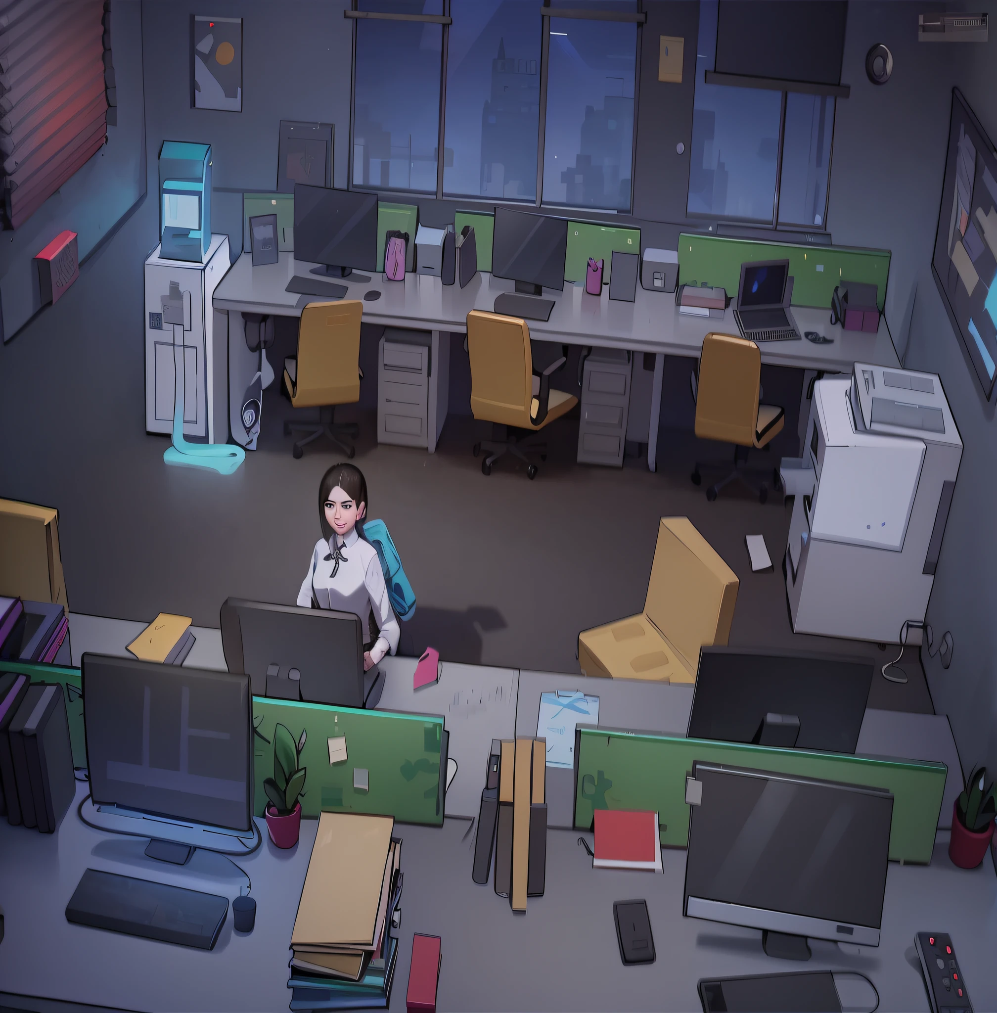There was a woman sitting at her desk,Holding a laptop, point-and-click adventure game, office backdrop, Detailed 2D illustration, interior background art, arte de fundo, background artwork, busy room, random background scene, epic scene full of computers, 2 d illustration, 2D illustration, indoor lab scene, keyframe illustration, digital 2d illustration