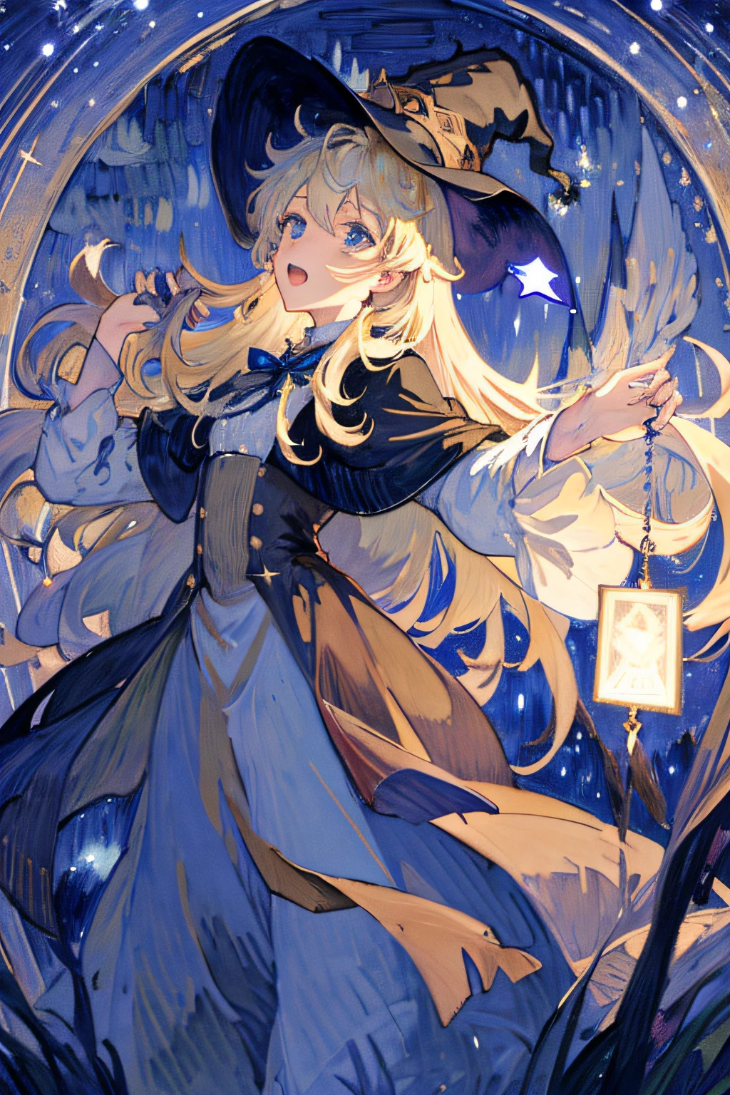 ((masterpiece:1.2, best quality)), 1girl, solo, (witch hat), blonde hair, long hair, dress, aurora, night, star (sky), gloves, sky, white dress, night sky, open mouth, starry sky, blue eyes, ribbon, very long hair, red dress, smile, hair ribbon, cape, blue hair, (bird), magic, casting spell, dark clouds, night, (impressionism:1.4), (tarot:1.3), alphonse mucha,