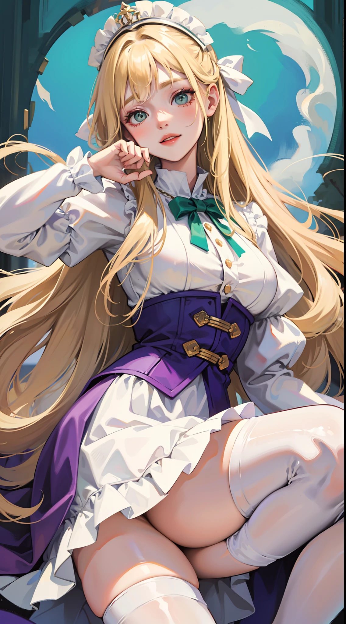 young girl, Long blonde hair with white strands, Green eyes, White King Top, puffy sleeves, fluffy short skirt, purple tights, ssmile, Masterpiece, hiquality