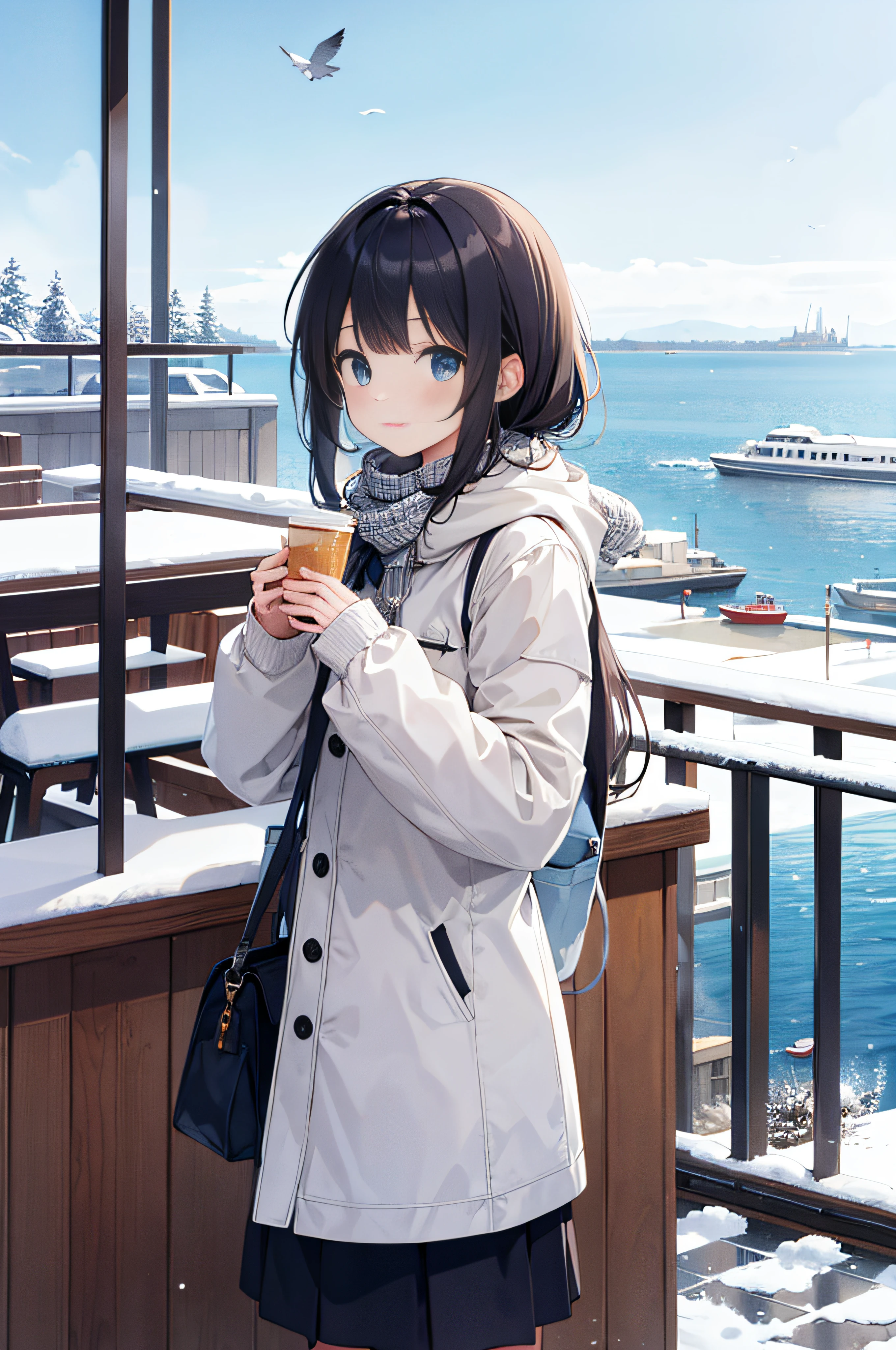 best quality, detailed background, girl,sea, cafeteria, bird, snow, winter,