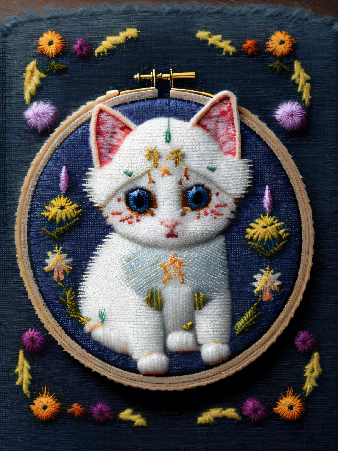 Needle point style embroidered white kitten on denim