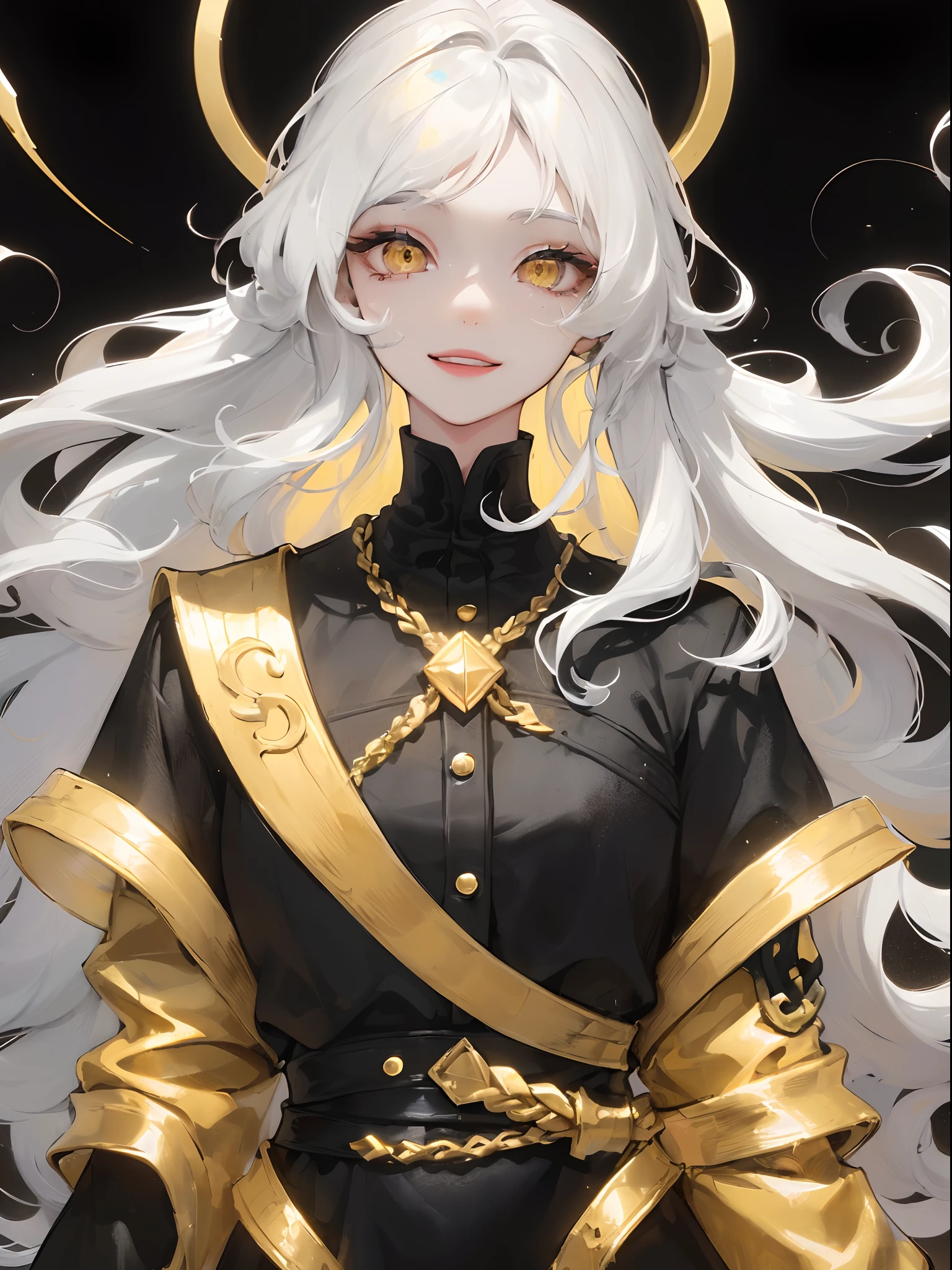 1woman, ((long wavy hair)), ((half of her hair is white and the other half of her hair is black split into two colors)), swept bangs, ((golden eyes)), smile, modern clothes