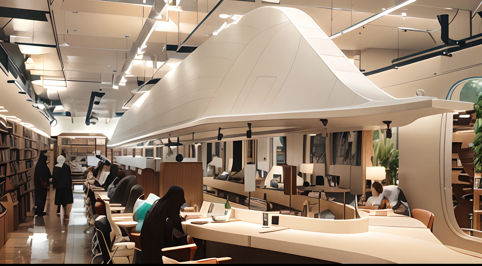 inside a library,People sit at tables in open-space workspaces,Along the curved counter,A scene surrounded by huge books。There is a large boat-shaped desk in the space,The top surface of the boat-shaped desk echoes the shape of the desk,There are some bookcases or book sales cabinets around,The overall atmosphere is bright,The design is based on the theme of "ship",The overall space is full of design