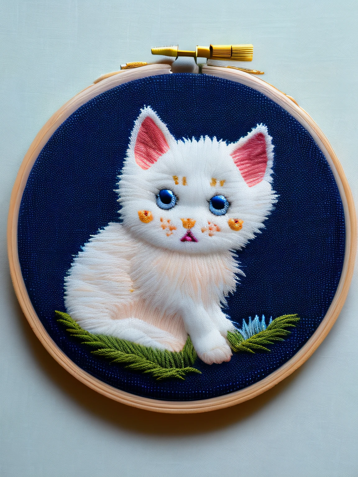 Needle point style embroidered white kitten on denim