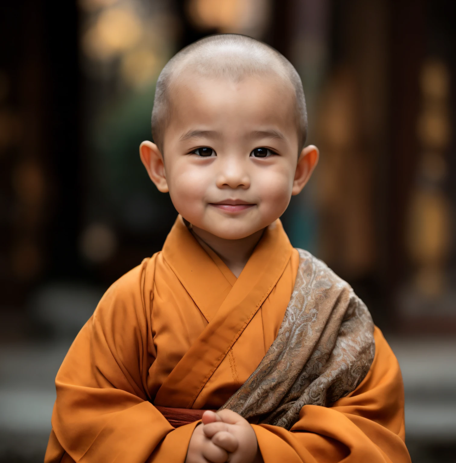 arafed in a robe standing in front of a building, buddhist monk, monk clothes, portrait of monk, wearing brown robes, monk, Serene expression, Buddhist, 2 1 st century monk, portrait shooting, a serene smile, littlwearing nun outfit, peaceful expression, kid, close up portrait shot, ancient japanese monk, dressed in simple robes
