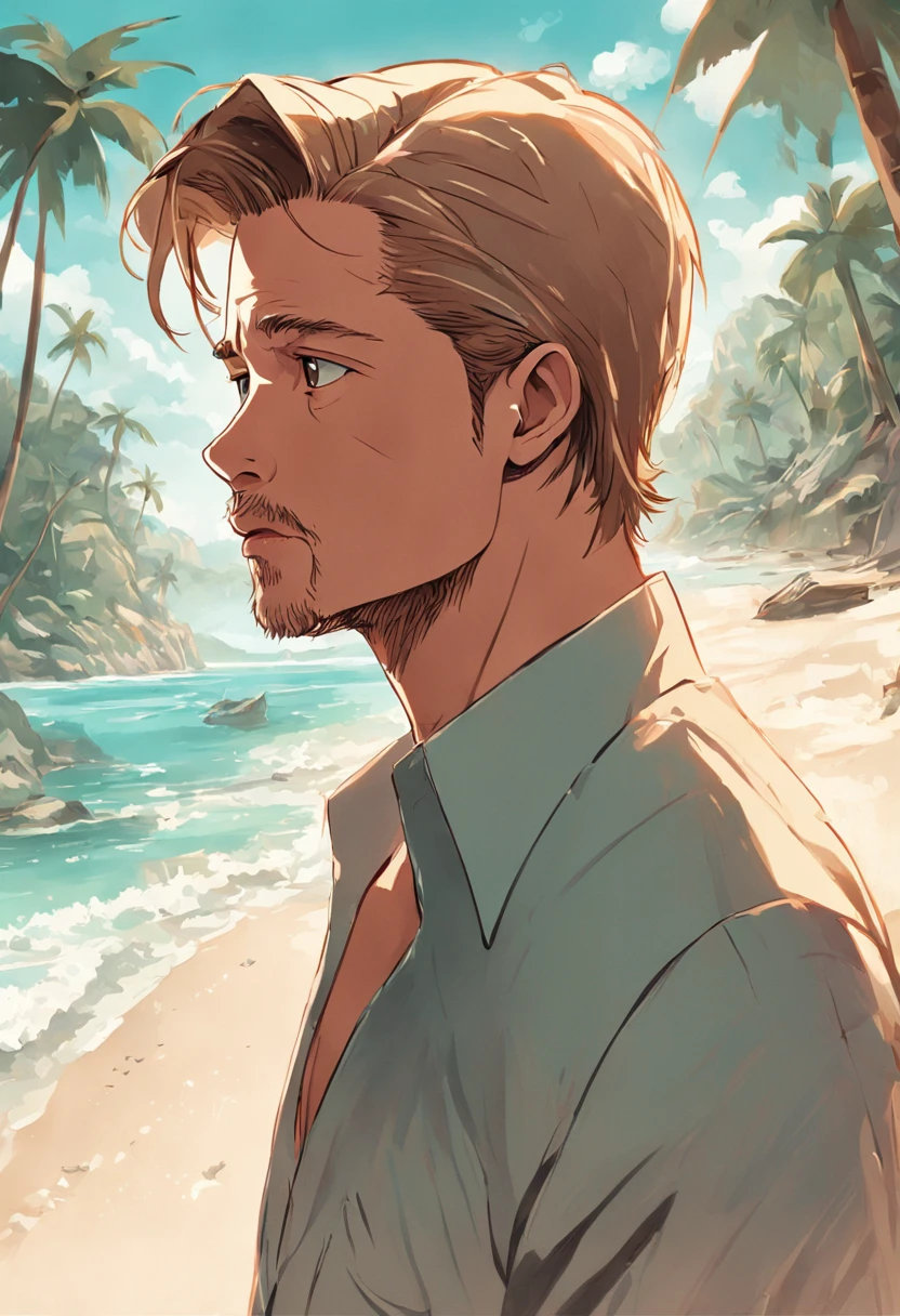 "In this illustration-style artwork, Brad Pitt is depicted with meticulous attention to detail. Every line and shading brings out his distinctive features and expressions. The background showcases a lush tropical beach, with crystal-clear waters and palm trees swaying in the gentle breeze."