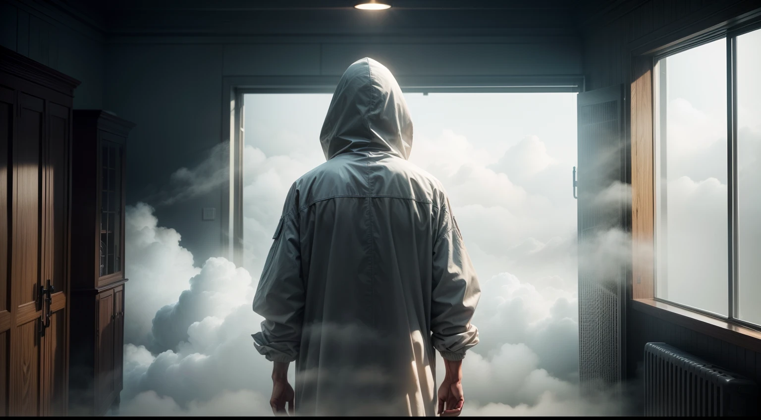 In the center of the picture is a cloud of fog，A person stands in the room，His upper body was shrouded in this fog，Can't see the head clearly，