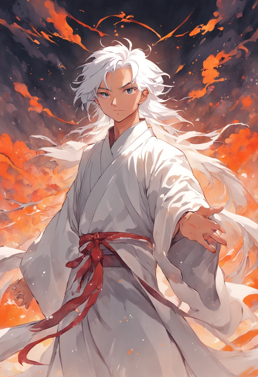 a taoist, in white Chinese Taoist robe, white hair, white background，SNES painting