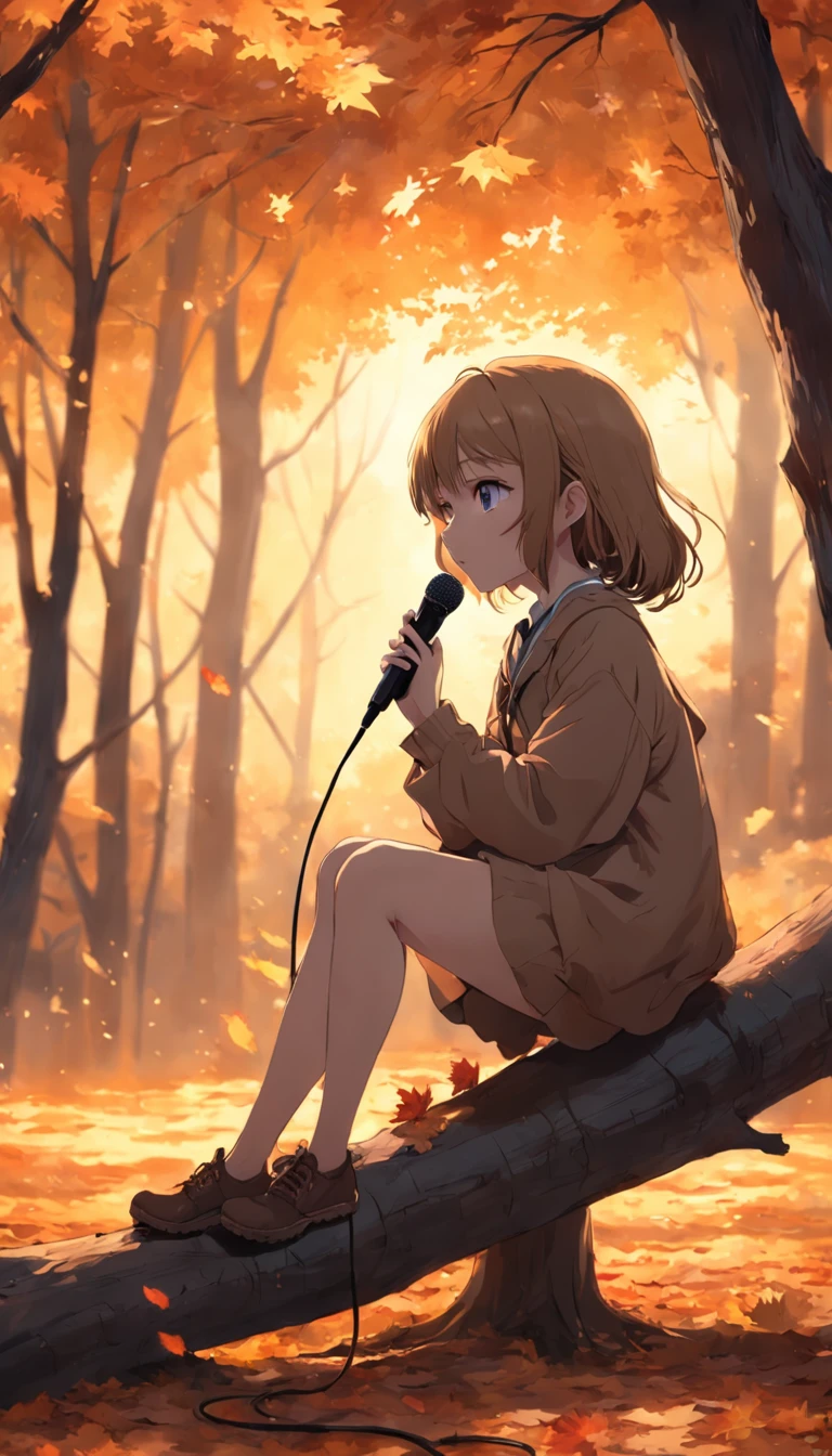 The girl sits on a tree trunk，The microphone sings，autumnal，falling leaf，Cinematic light and shadow，k hd
