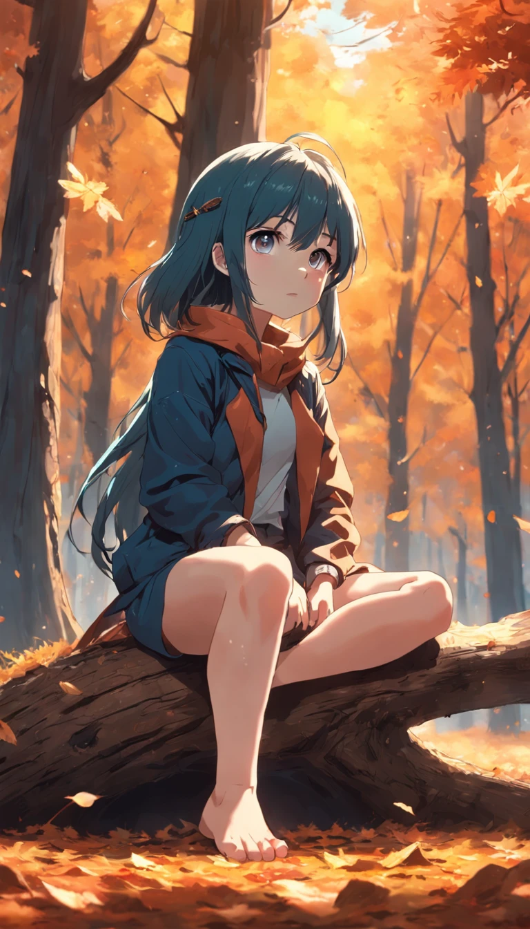 The girl sits on a tree trunk,The microphone sings,autumnal,falling leaf,Cinematic light and shadow,k hd