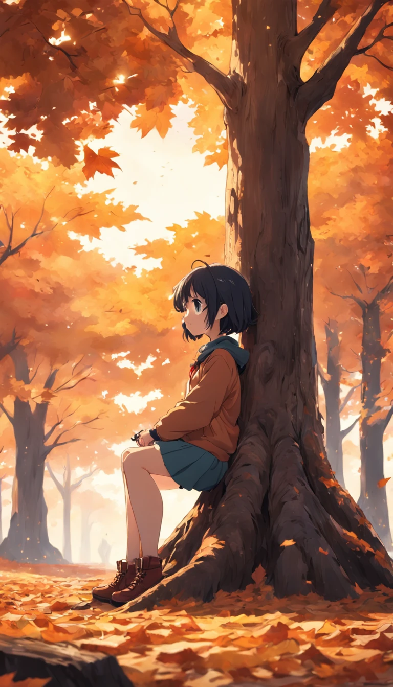 The girl sits on a tree trunk,The microphone sings,autumnal,falling leaf,Cinematic light and shadow,k hd