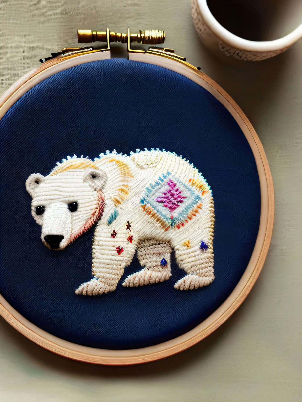 Denim needle point style embroidered white bear