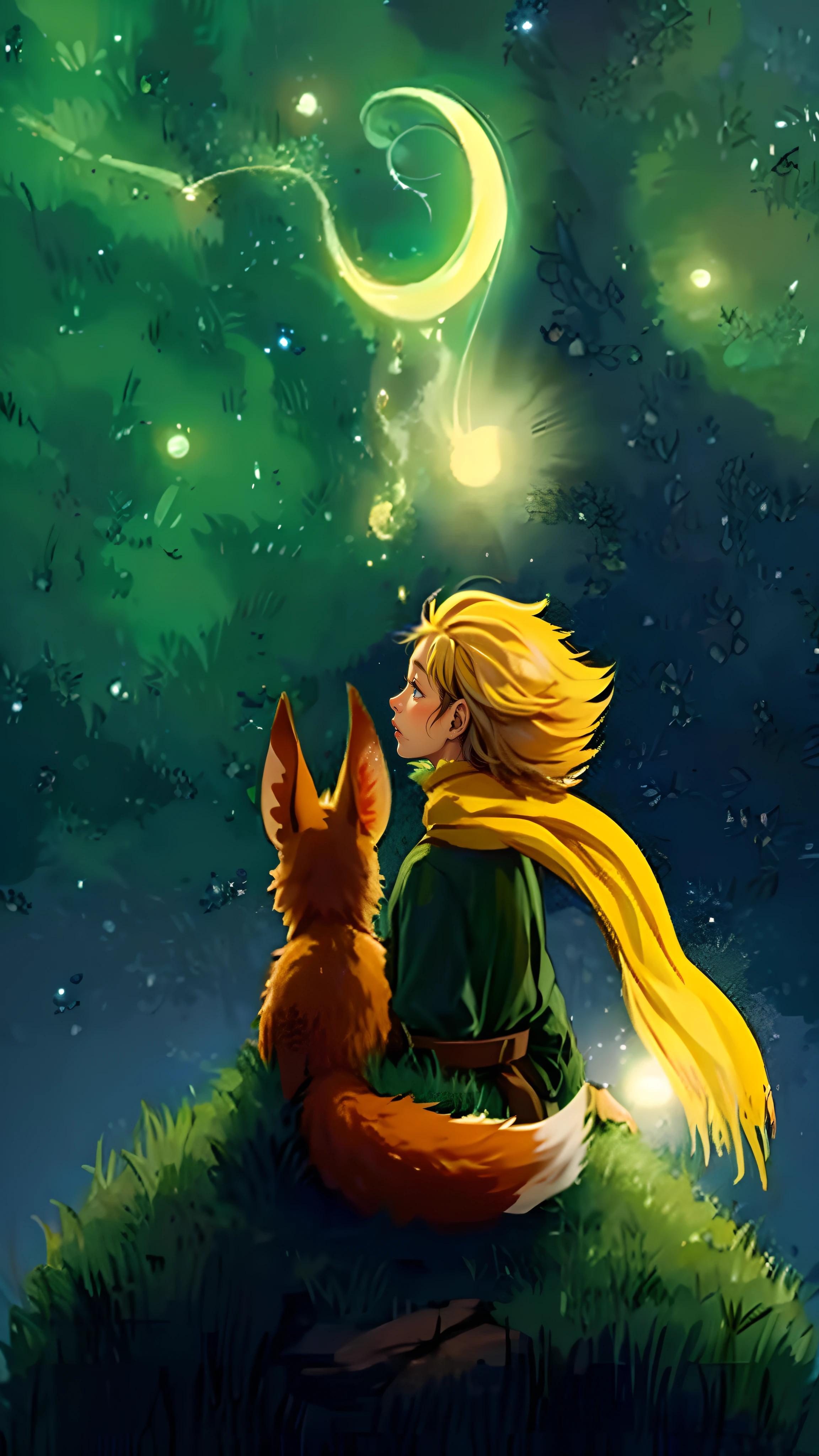 Back view, a boy sitting on a hill with a fluffy fox and looking at the stars, the little prince, by Kubisi art, tolkein art, an amazing photo, gorgeous art, look into the distance, beautiful art, ✏️🎨, looking into the distance, beautiful!!!!!!!!!!!!, amazing photo, kvothe from name of the wind, beautiful depiction, amazing art