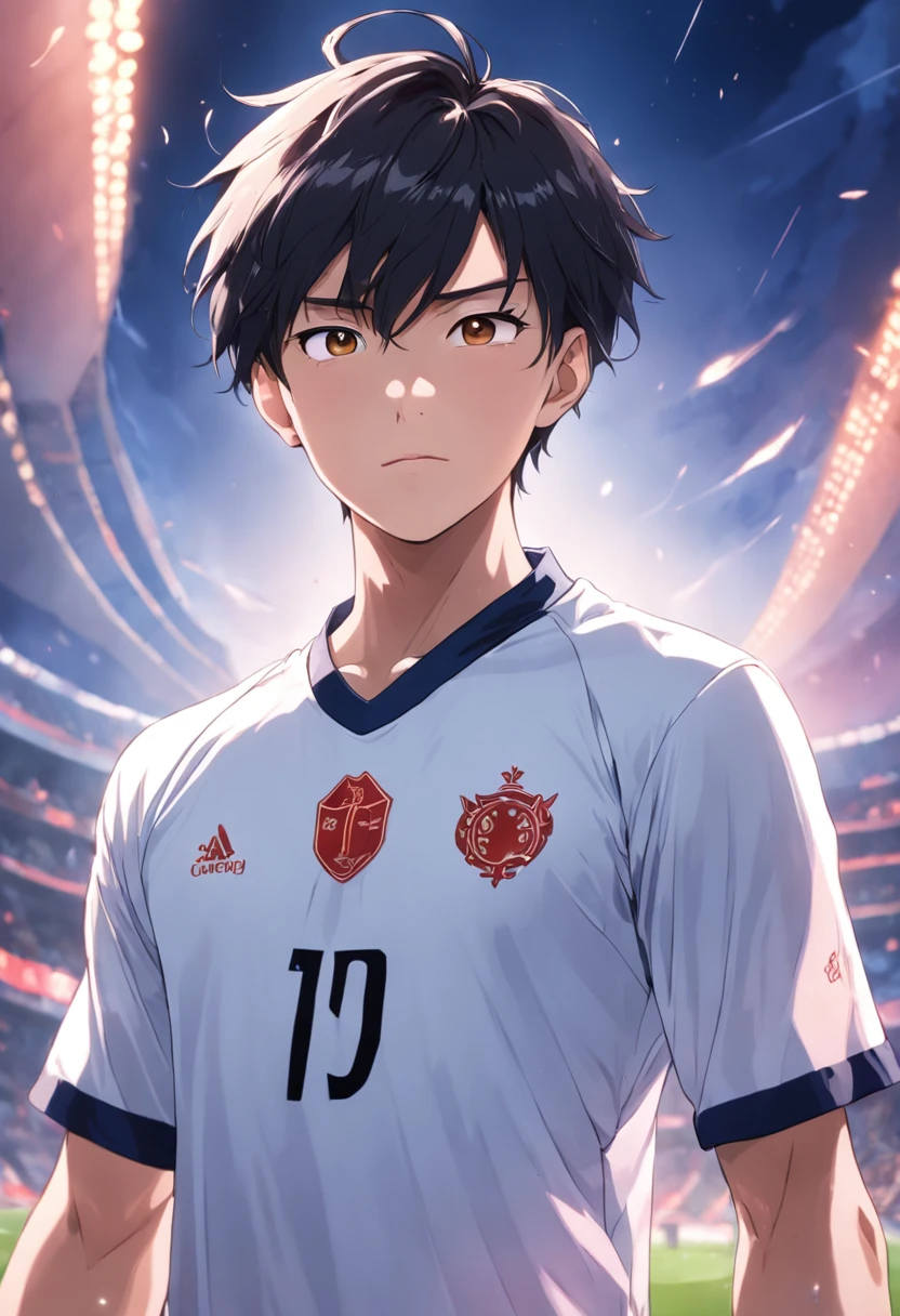 (best qualtiy,Highest high resolution) Chinese male football player,Clear facial expressions,eyes with brightness,young handsome,Sunny vitality,Tall stature,Robust and strong。