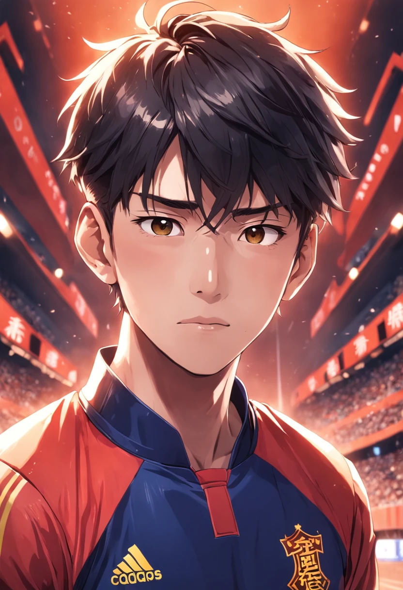 (best qualtiy,Highest high resolution) Chinese male football player,Clear facial expressions,eyes with brightness,young handsome,Sunny vitality,Tall stature,Robust and strong。