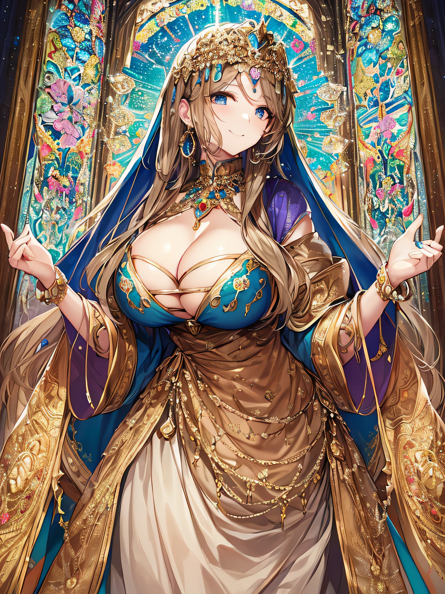 (anime artstyle),((Masterpiece,Best Quality,Super Detail,Very Delicate and Beautiful)),Solo,((full body,standing picture)),standing in the sacred cathedral,((Sacred atmosphere)),((1 divine High Priestess in beautiful embroidery and jeweled gorgeous rococo ballgown with voluminous full length hoop skirt)),(crinoline),gorgeousfull embroidery,(gorgeous gemstone jewelry),(detailed face and eyes),jewel-like eyes,(smile),((large amount of straight hair,extremely Long voluminous Hair)),((gigantic tits,Long tits,skindentation)),gorgeousfull embroidery,cleavage,extremely gorgeousfull hair ornament,(bling-bling extremely gorgeousfull jeweled tiara),gorgeous corsage,Stained glass,(Dynamic Angle),Looking at viewer,((full body)),((beautiful embroidery and jeweled divine and gorgeous rococo ballgown with voluminous full length hoop skirt))