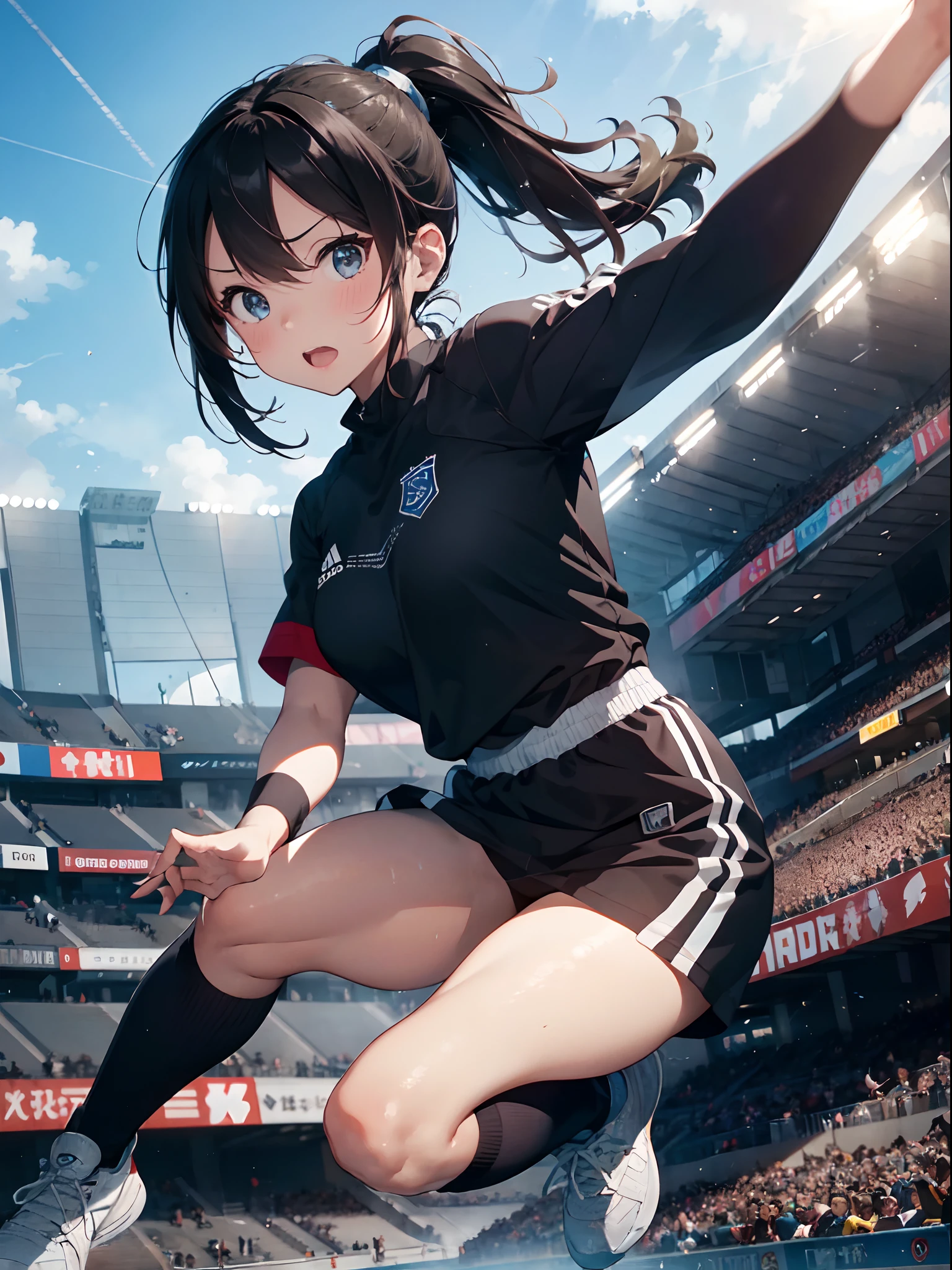 (anime ,2D) Women, soccer player , average height ,clear skin,thin face ,serious expression,blue eyes,black hair , waist length ,fringe ,collected in a ponytail,Skinny body,big breasts,small waist, France national team uniform, In a soccer field ,kicking a ball with a super technique.