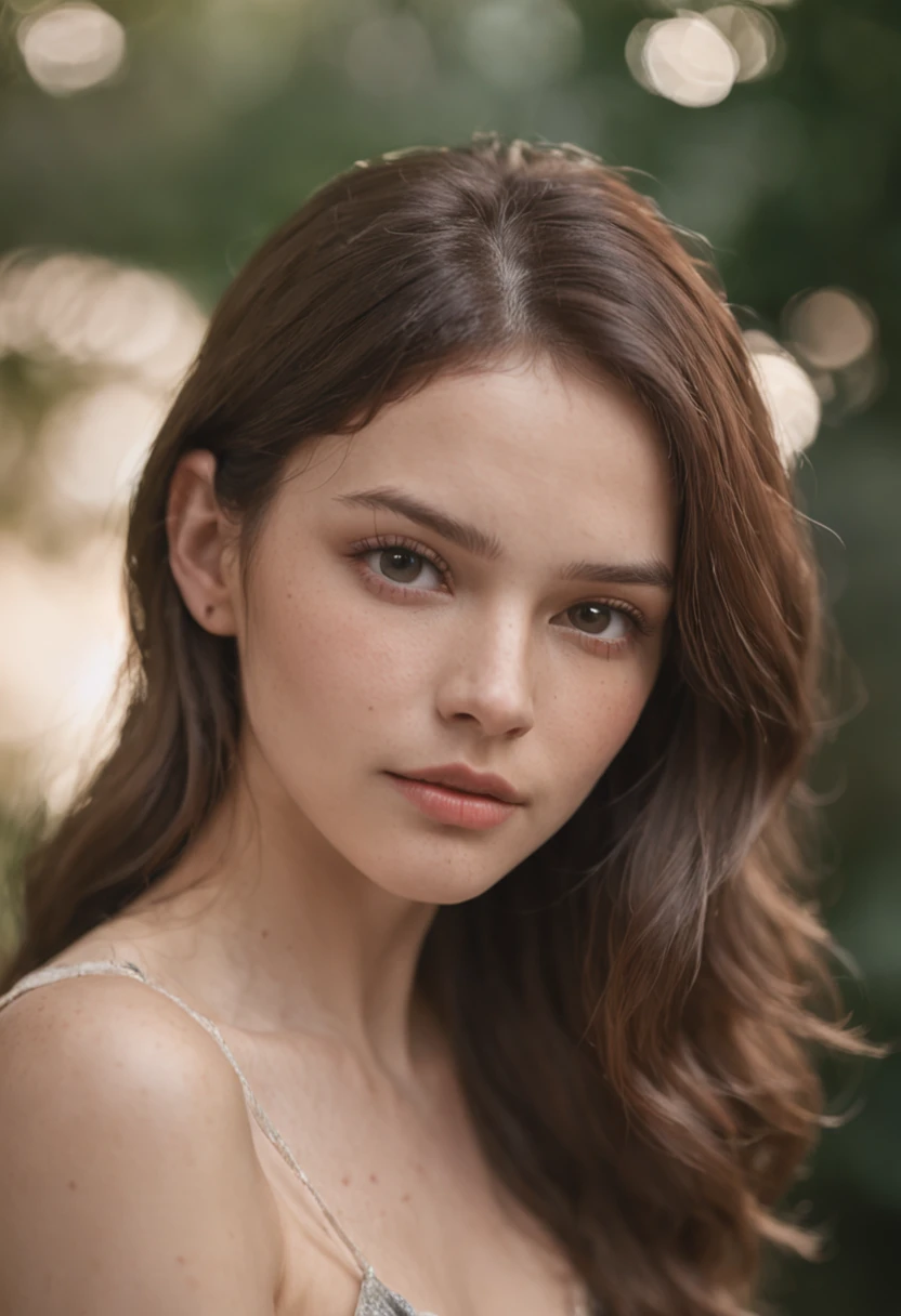 film portrait photography, 1girll, Bare shoulders, Wavy shoulder-length hair, serene, calm, (Realistic detailed eyes, Natural skin texture, Realistic face details), Soft dramatic lighting, Depth of field, Bokeh, vibrant detail, finely detailed, Hyperrealistic, 35mm film, Hazy and blurry, filmg,Sexy pose