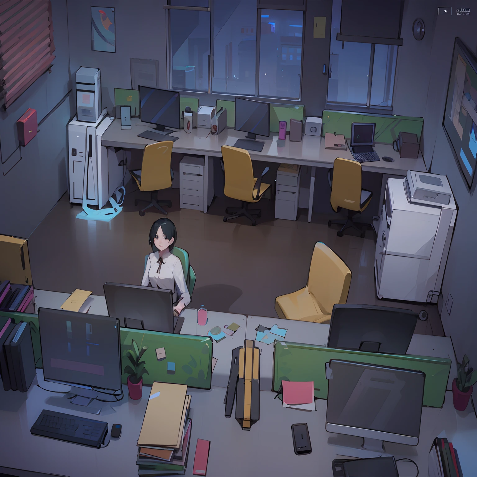 there is a computer desk with a monitor and a keyboard in front of a window, relaxing concept art, interior background art, 8k high quality detailed art, anime background art, ufotable studio art style, personal room background, cinematic matte illustration, atey ghailan 8 k, cartoon moody scene, lofi artstyle, relaxing environment