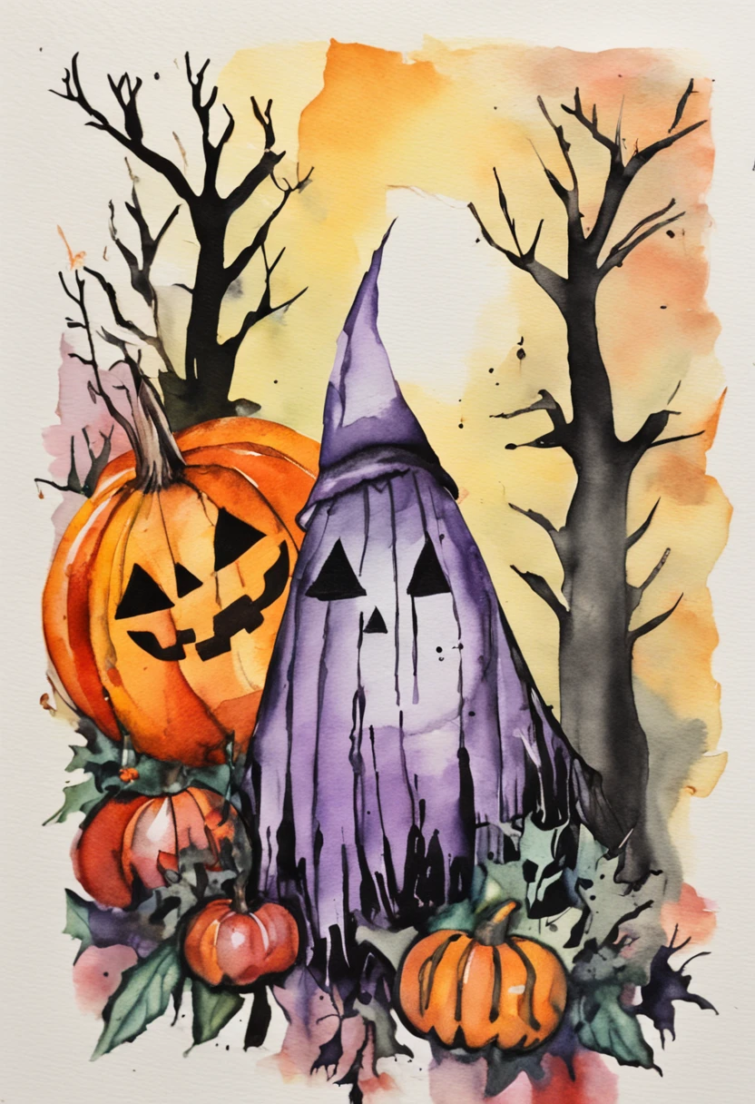a sticker. Collage, Hand drawn watercolor ink, Halloween related, The witch has, broom, cat, gost, bat, pumpkins, Mummy, Tree decoration, clip art