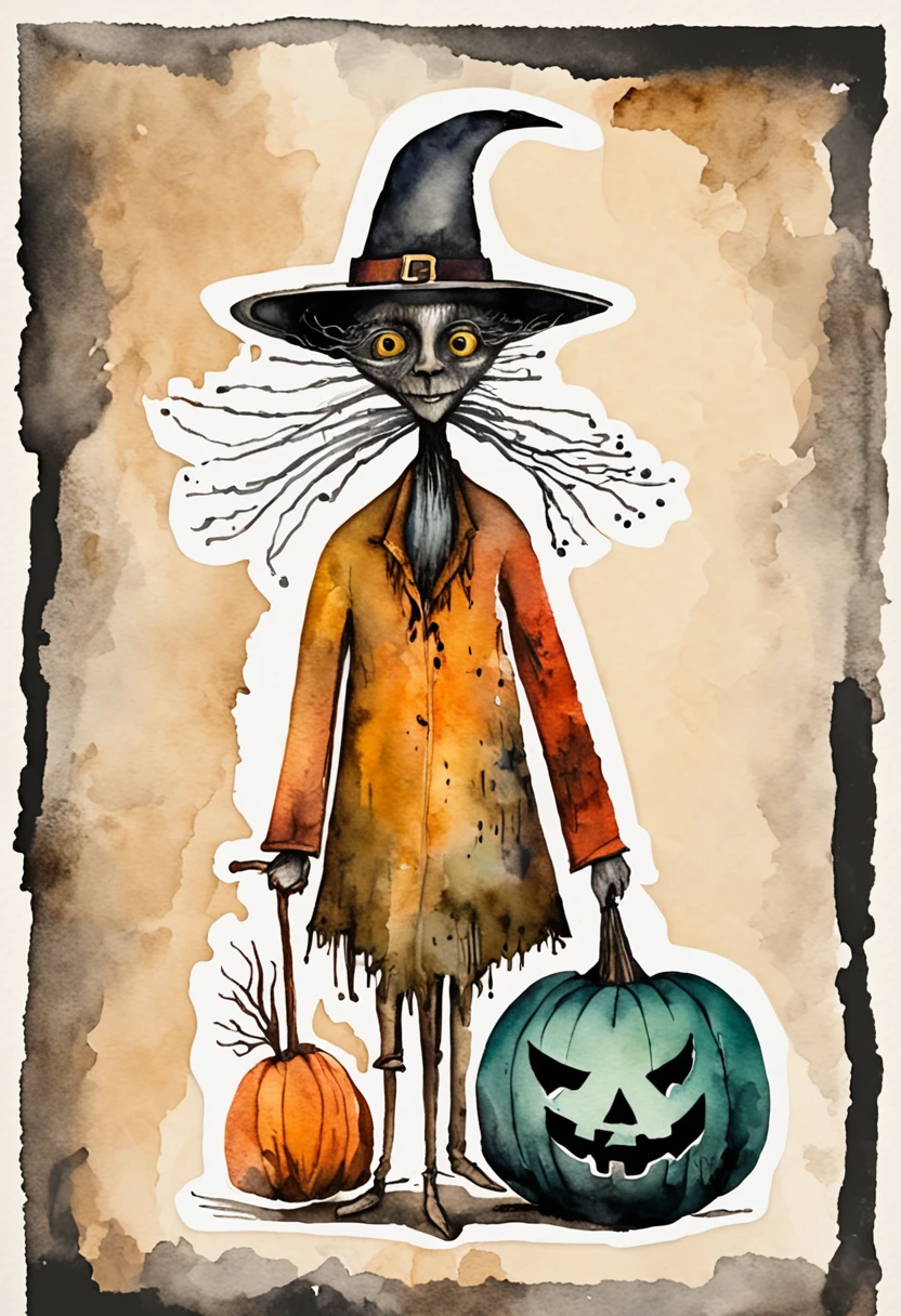 a sticker. Collage, Hand drawn watercolor ink, Halloween related, The witch has, broom, cat, gost, bat, pumpkins, Mummy, Tree decoration, clip art