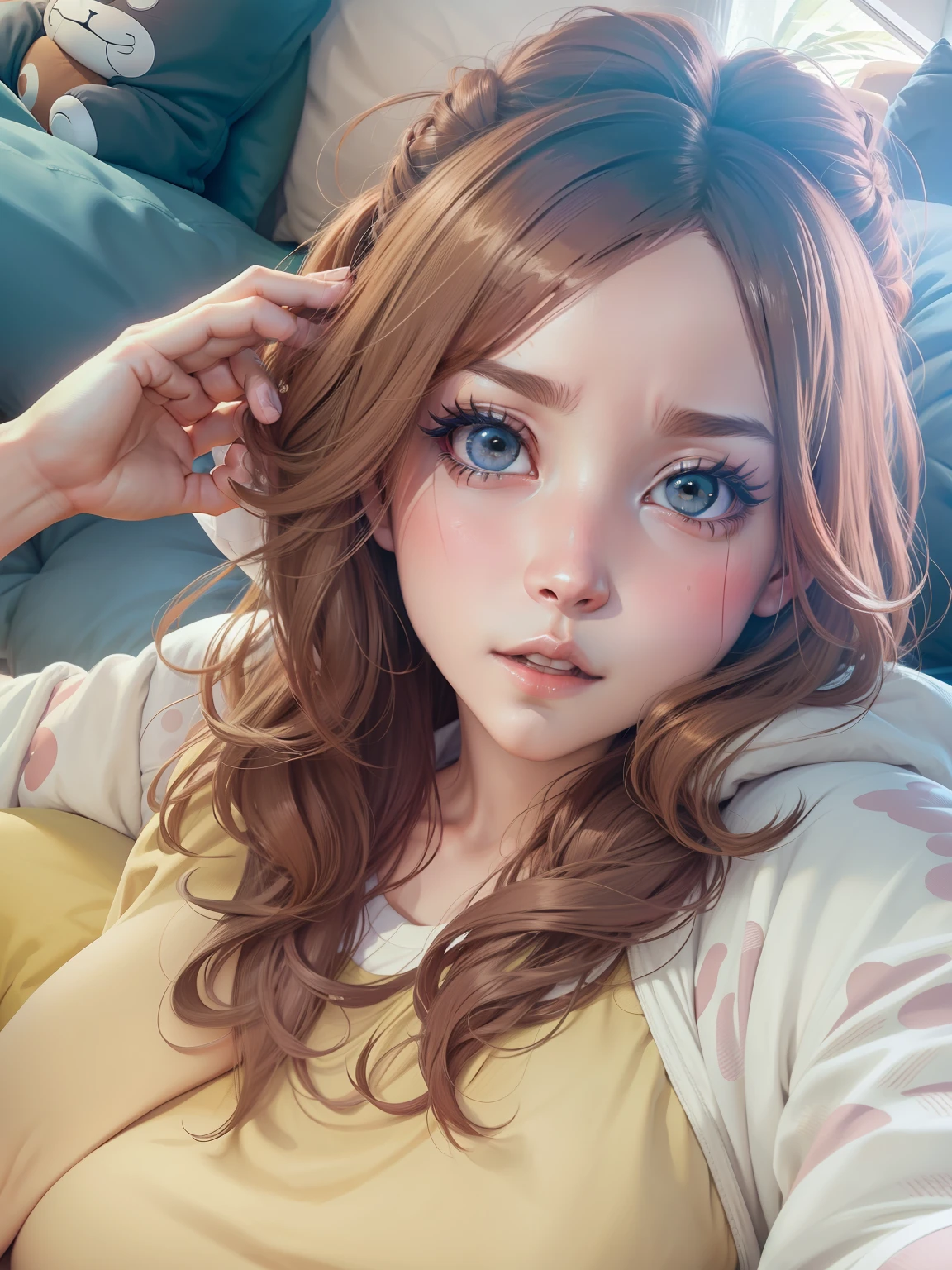 ochako uraraka in loose long clothes sitting on a pillow playing video games