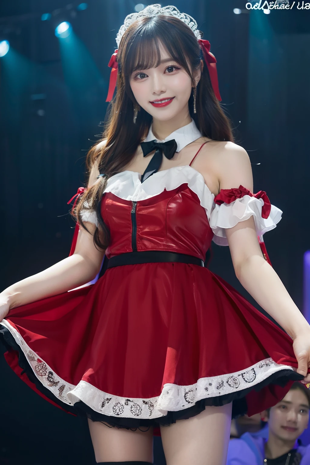 A short and cute idol、whole body、Good style、、Shiny red frilly idol costume、、A pure idol face、stage、White skin、Cleavage、mini skirt、Thighs、Watch the audience