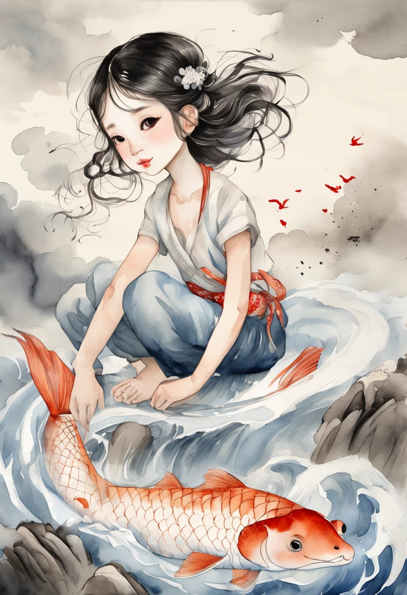 China ink painting,water ink,ink,Smudge,Black and white,China-style, girl sitting on giant koi flying in the sky,Thick clouds,Short hair and small braids,Denim suspenders,The barefoot,depth of fields,high light,Real light,Ray traching,oc rendered,Hyper-realistic,best qualtiy,8K,Works of masters,super-fine,Detailed pubic hair,Correct anatomy,sharp focus on eyes,Bokeh,Facial features are carefully depicted
