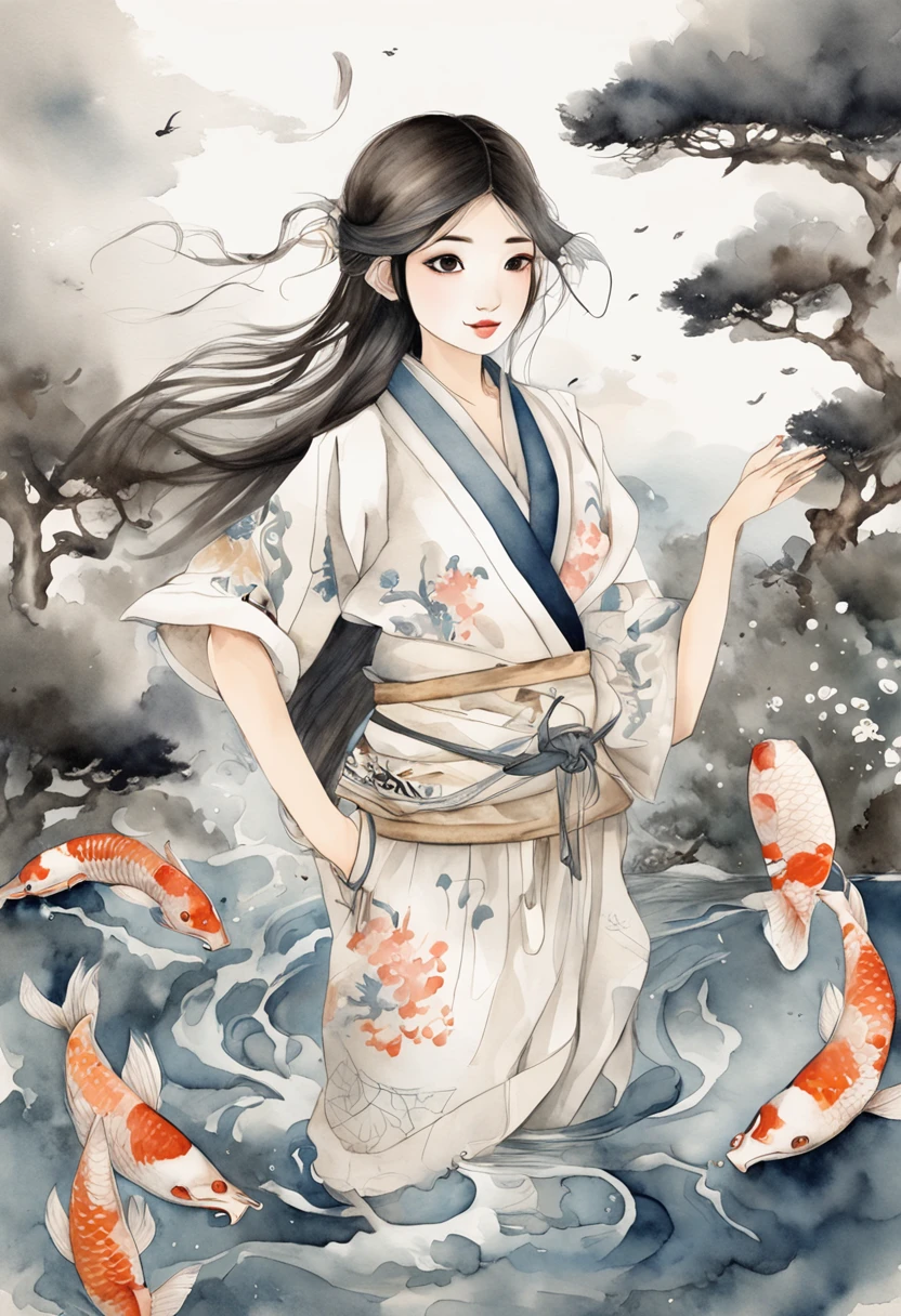 China ink painting，water ink，ink，Smudge，Black and white，China-style， sitting on giant koi flying in the sky，Thick clouds，Short hair and small braids，Denim suspenders，The barefoot，depth of fields，high light，Real light，Ray traching，oc rendered，Hyper-realistic，best qualtiy，8K，Works of masters，super-fine，Detailed pubic hair，Correct anatomy，sharp focus on eyes，Bokeh，Facial features are carefully depicted