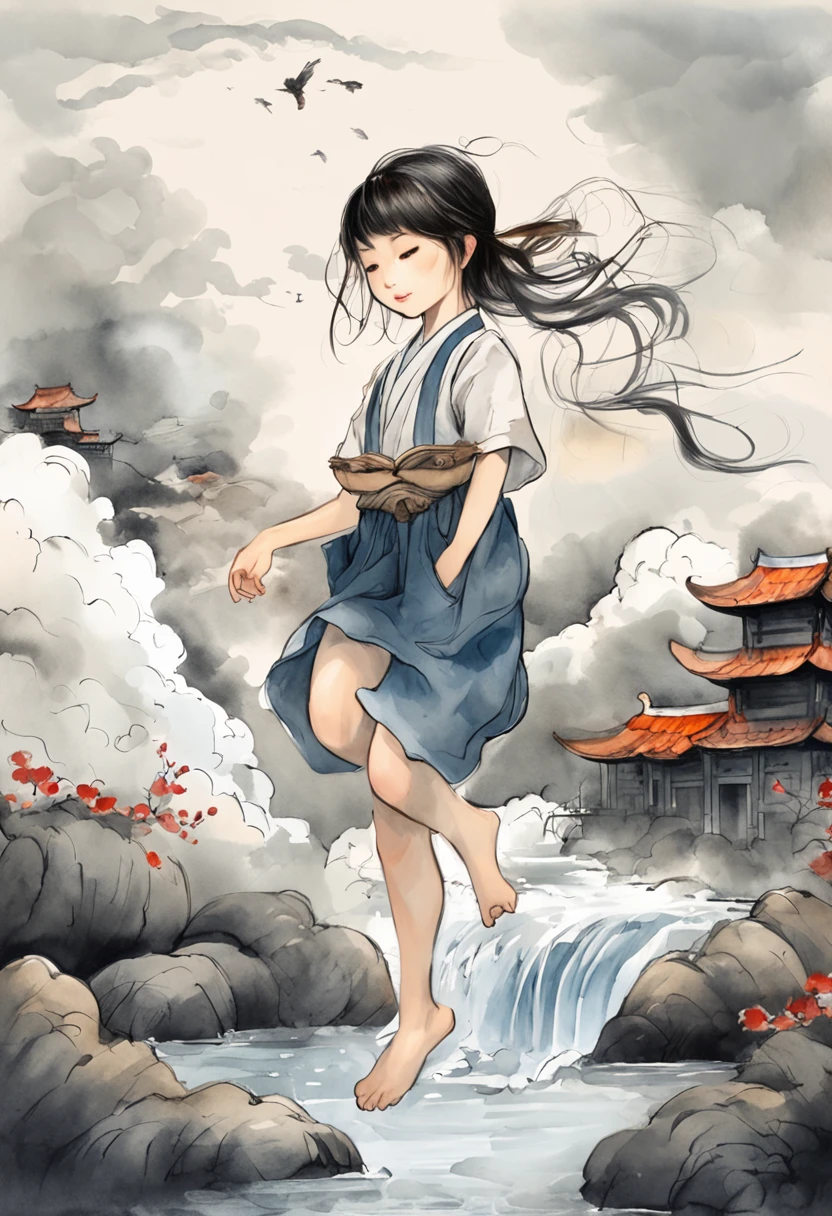 China ink painting,water ink,ink,Smudge,Black and white,China-style,Little girl sitting on giant koi flying in the sky,Thick clouds,Short hair and small braids,Denim suspenders,The barefoot,depth of fields,high light,Real light,Ray traching,oc rendered,Hyper-realistic,best qualtiy,8K,Works of masters,super-fine,Detailed pubic hair,Correct anatomy,sharp focus on eyes,Bokeh,Facial features are carefully depicted