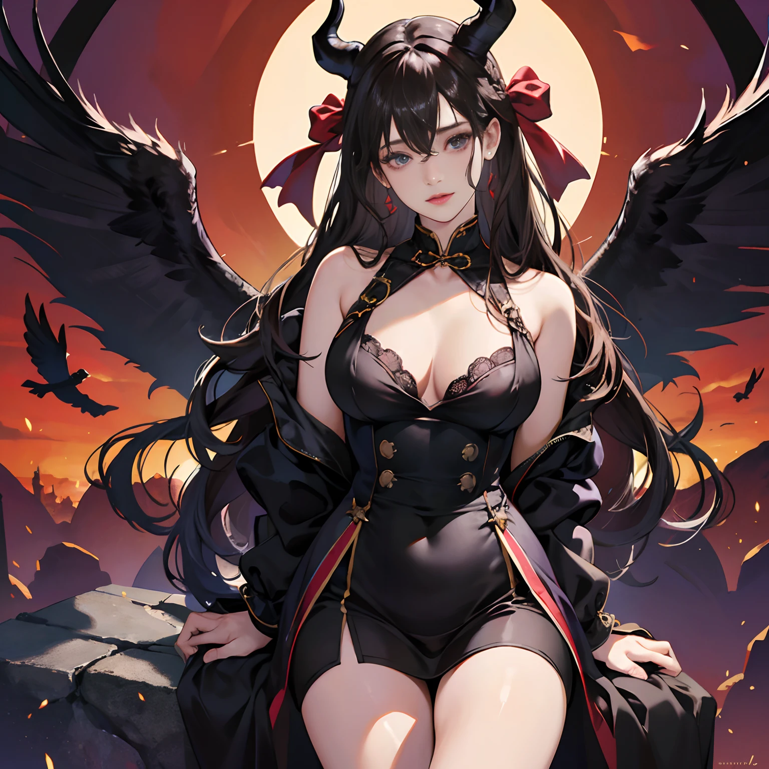 Women in Their 20s, Fantasia、offcial art, unity 8k wall paper, ultra-detailliert, beautifly、Aesthetic, masterpiece, top-quality, Photorealsitic、Hell、Restrained female demons、Black underwear、Braids、the presence of horns on the head、with black eagle wings on its back,,、Staring at this:2.0、Curse ritual、Dark Magic、Stone pedestal、Blood、crows、abajour、depth of fields, Fantastic atmosphere, Calm palette, tranquil mood, Soft shading、bbw、very large breast、plump figure、