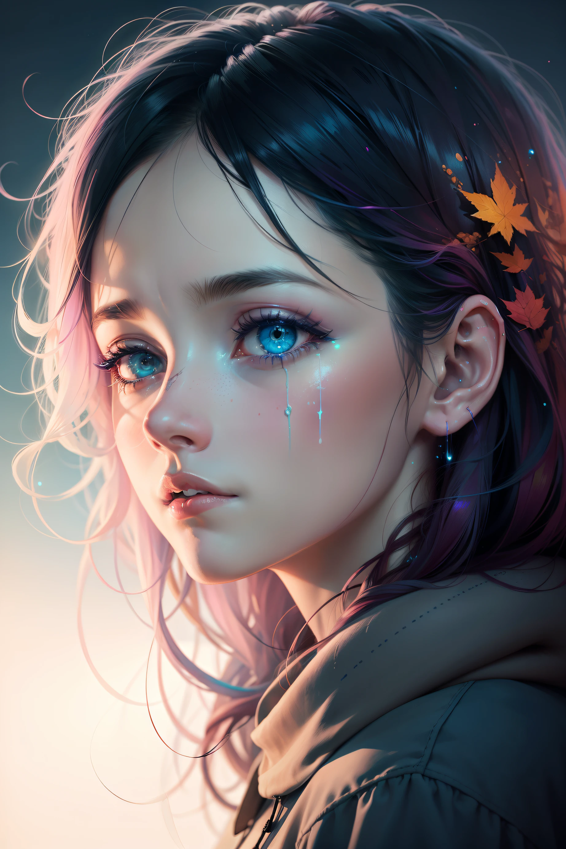 woman with agnes cecile, glowing design, pastel colors, ink drops, autumn lights