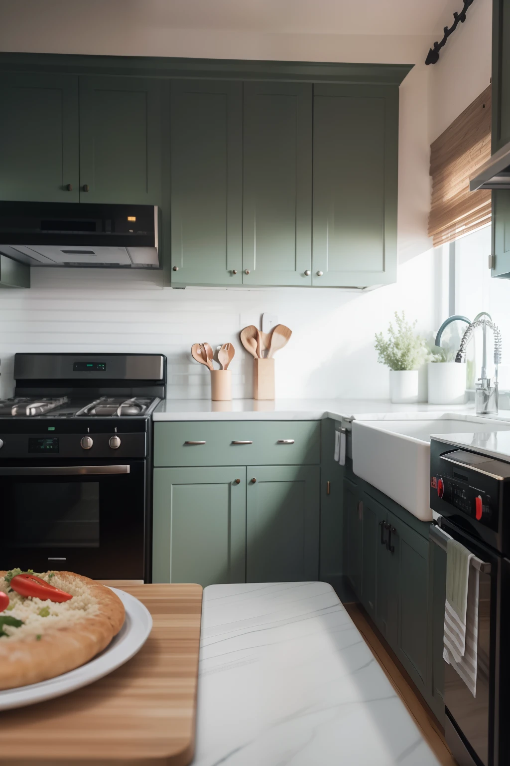 Environment rendering,kitchens,Stainless steel style decoration,Kitchen stove,a gas stove,Round bottom iron pan,Fry in a pan,Vegetables and seafood float in the air,Kitchen knife cutting board,plaques,janelas,Green scenery,Foreground perspective,Neat countertop foreground