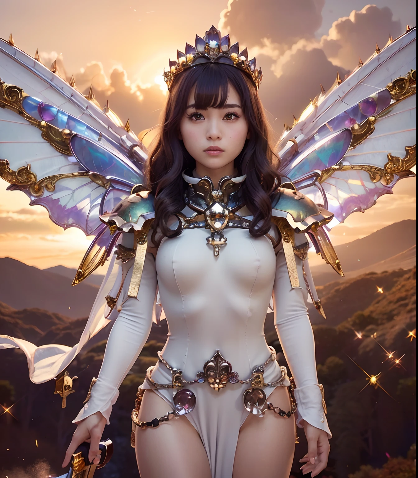 (masutepiece), Professional , masterpiece、top-quality、photos realistic , depth of fields (Gemstone Silver Metal Body:1.9),(Matte White、Jewel Gold Weapon、(Gorgeous castle background)、(ultimate beauty girl)、(Iridescent fairy wings grow on her)、(Metal:1.9),Gorgeous Jewel Metal Weapons , Detailed Sword of the Brave ,( Micro Bikini) ,warhammer 40k , adepta sororitas,Detail and ornate jewel crown、独奏、Brown hair、(Gangle's forest background)、Beautiful Caucasian beauty、1a person、dynamic ungle,(((Diamond tiara with detail and luxury)))、a small face、Powerful poses、(Gorgeous castle background)、20 year old beautiful woman、Stand in the center of the screen、Thin female fingers、Straight long hair、Beautiful Caucasian beauty、Hair fluttering in the wind、Particles of light、Micro Bikini、The wind is blowing、