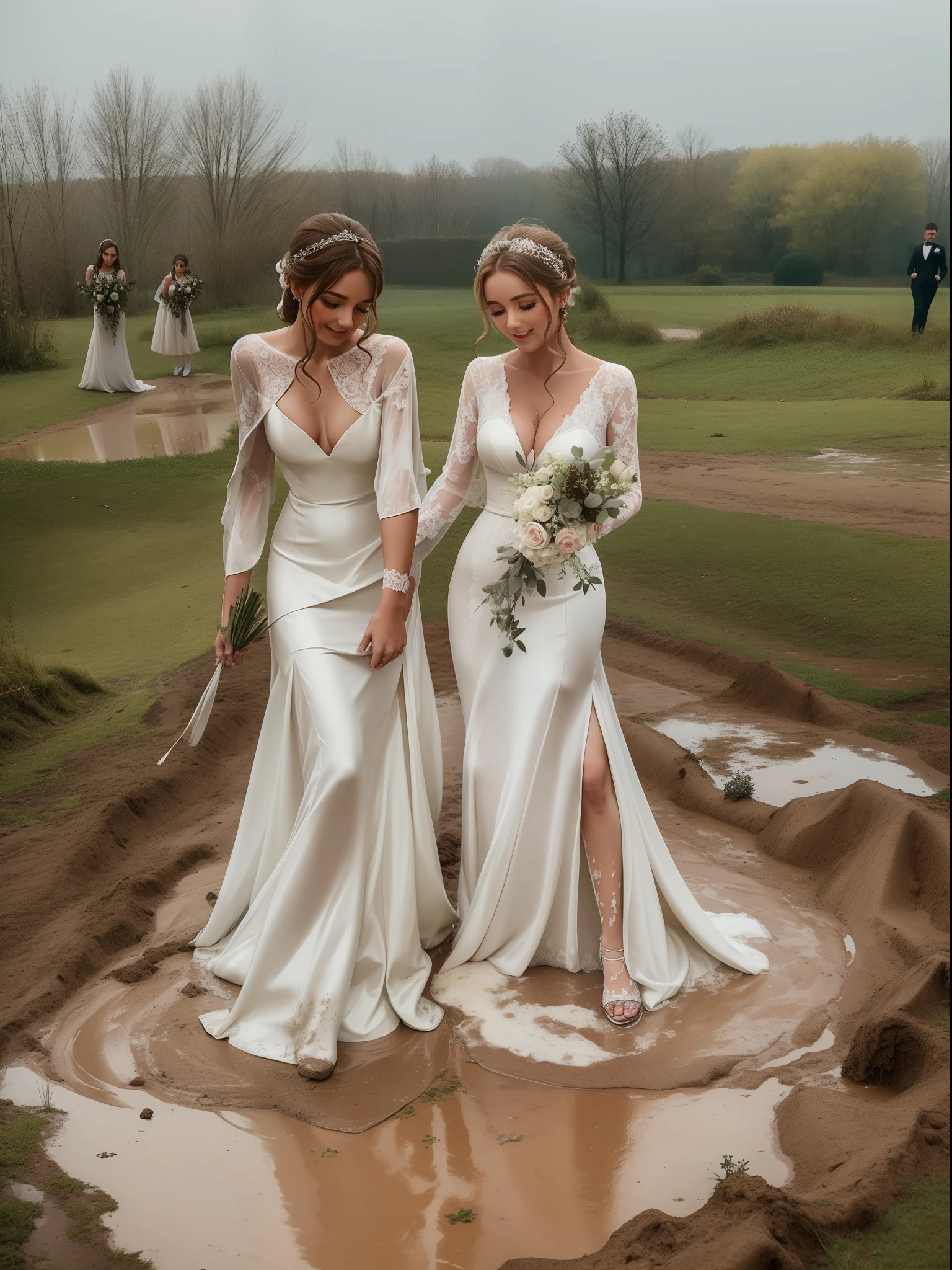 Three European brides,wearing luxurious designer pufy wedding dress , their dresses stained with mud stains , are playing in a muddy puddle, their designer wedding dresses stained with mud.