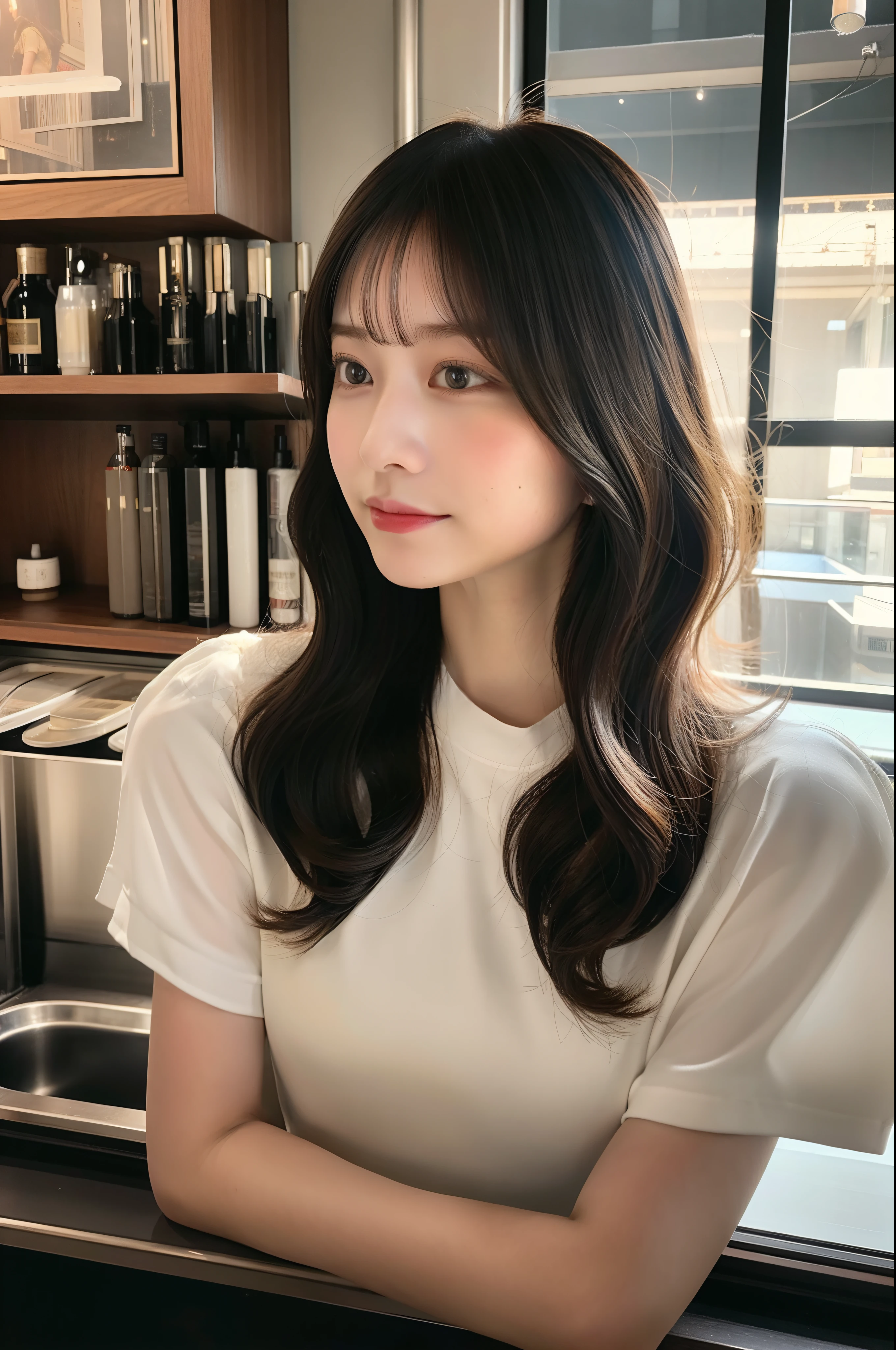 1girl in、in 8K、Raw photography、top-quality、masterpiece、realisitic、Photorealsitic、1girl in、Daytown、Pulling photo、de pele branca、Inside the shop、Warm light、Longhaire、a bar counter、Sheer sunlight、The city of Tokyo、pretty skin