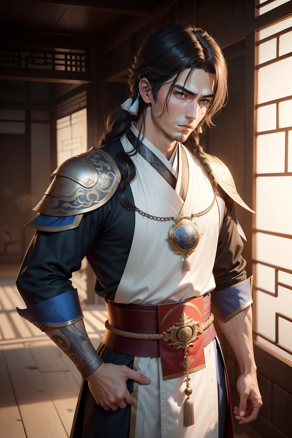 Create a square-format handsome male game character illustration reminiscent of the '三國無双' (Dynasty Warriors) style:
1. Frame: Ensure the character design is centered and fits snugly within a perfect square frame.
2. Pose: The male character should display a confident stance, appearing ready for combat but with an air of elegance.
3. Outfit: Dress the character in refined traditional Chinese warrior attire, accentuated with intricate patterns, possibly silver linings or emblems.
4. Weapon: Arm him with a sleek Chinese weapon, like a jian (straight sword) or a folding fan, with elegant design features.
5. Colors: Opt for a palette featuring royal blues, silvers, and whites.
6. Face: Depict a youthful and handsome face with sharp features and no facial hair. His eyes should exude intelligence and charisma.
7. Hairstyle: Give him medium to long, smooth flowing hair, perhaps tied back or falling gracefully across his shoulders, with traditional decorative hairpins.
8. Background: Consider adding subtle silhouettes of ancient Chinese structures or serene landscapes to set the ambiance, ensuring the character is the primary focal point.
9. Additional Details: Think about including small accessories like earrings, necklaces, or ornate arm guards for added aesthetic appeal.

Capture the allure and charm typical of a '三國無双' style handsome, youthful male character without facial hair."
